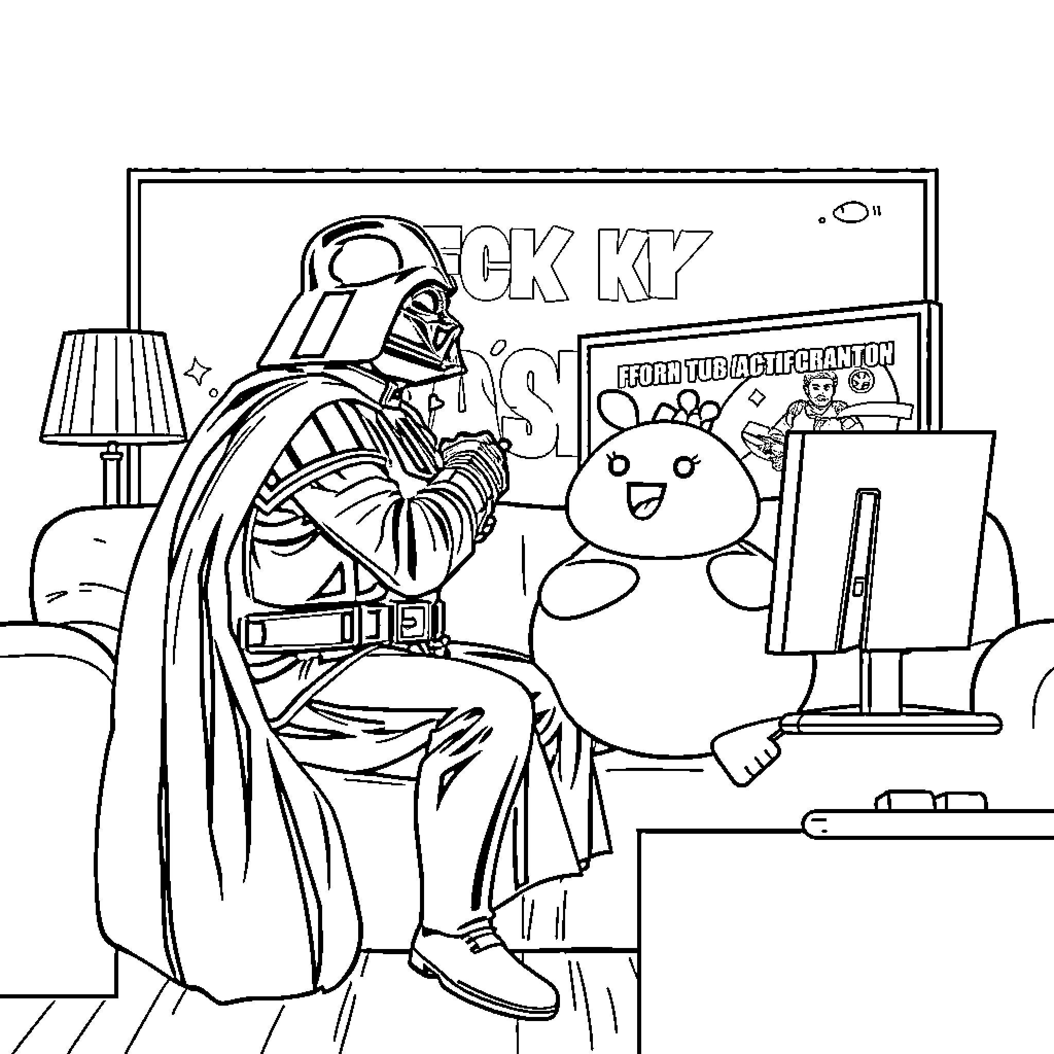 Darth Vader relaxing at home with stuffed toy Coloring Page (free black-and-white line drawing printable PDF for all, from beginners to advanced learners, including children, teens, adults, and seniors)