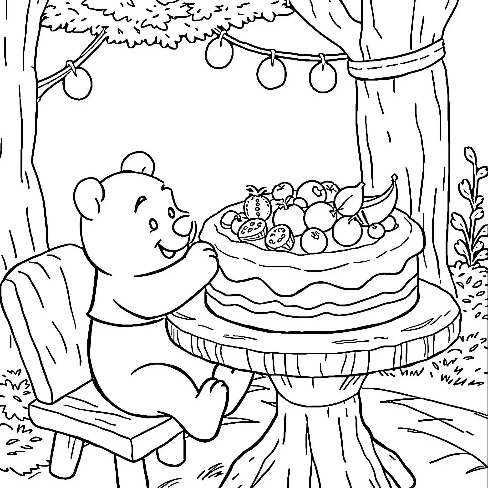 Winnie The Pooh enjoying a fruit basket in the forest Coloring Page (free black-and-white line drawing printable PDF for all, from beginners to advanced learners, including children, teens, adults, and seniors)