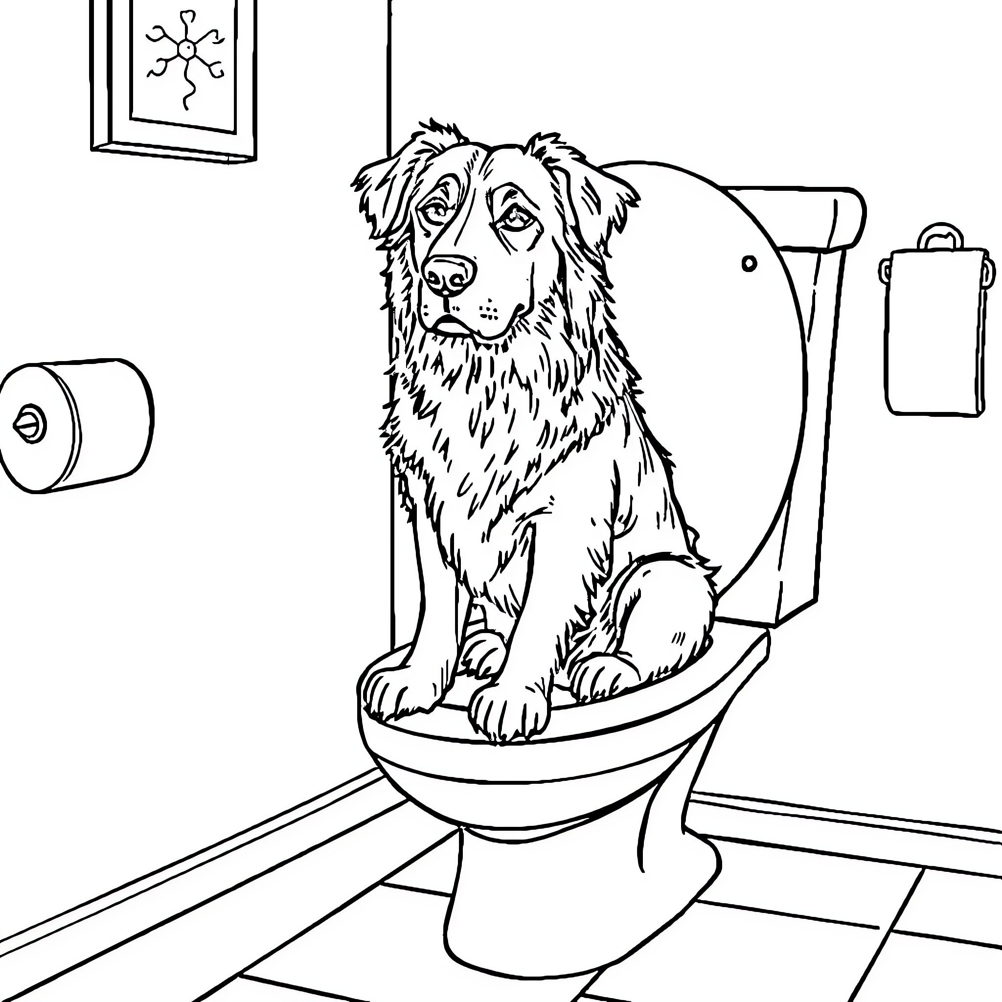 Hund relaxing in the bathroom Coloring Page (free black-and-white line drawing printable PDF for all, from beginners to advanced learners, including children, teens, adults, and seniors)