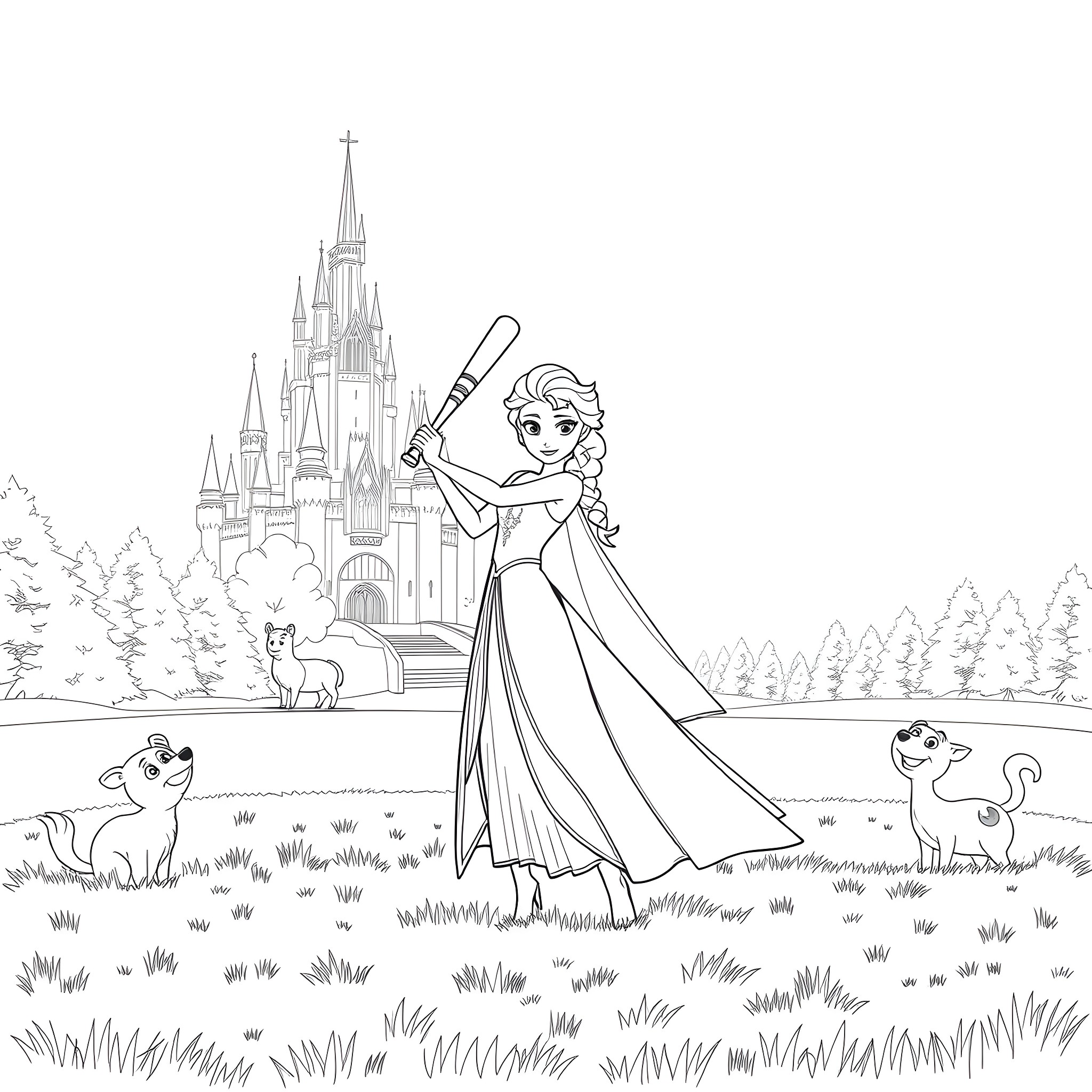 Princess Elsa walking gracefully in a magical castle landscape Coloring Page (free black-and-white line drawing printable PDF for all, from beginners to advanced learners, including children, teens, adults, and seniors)