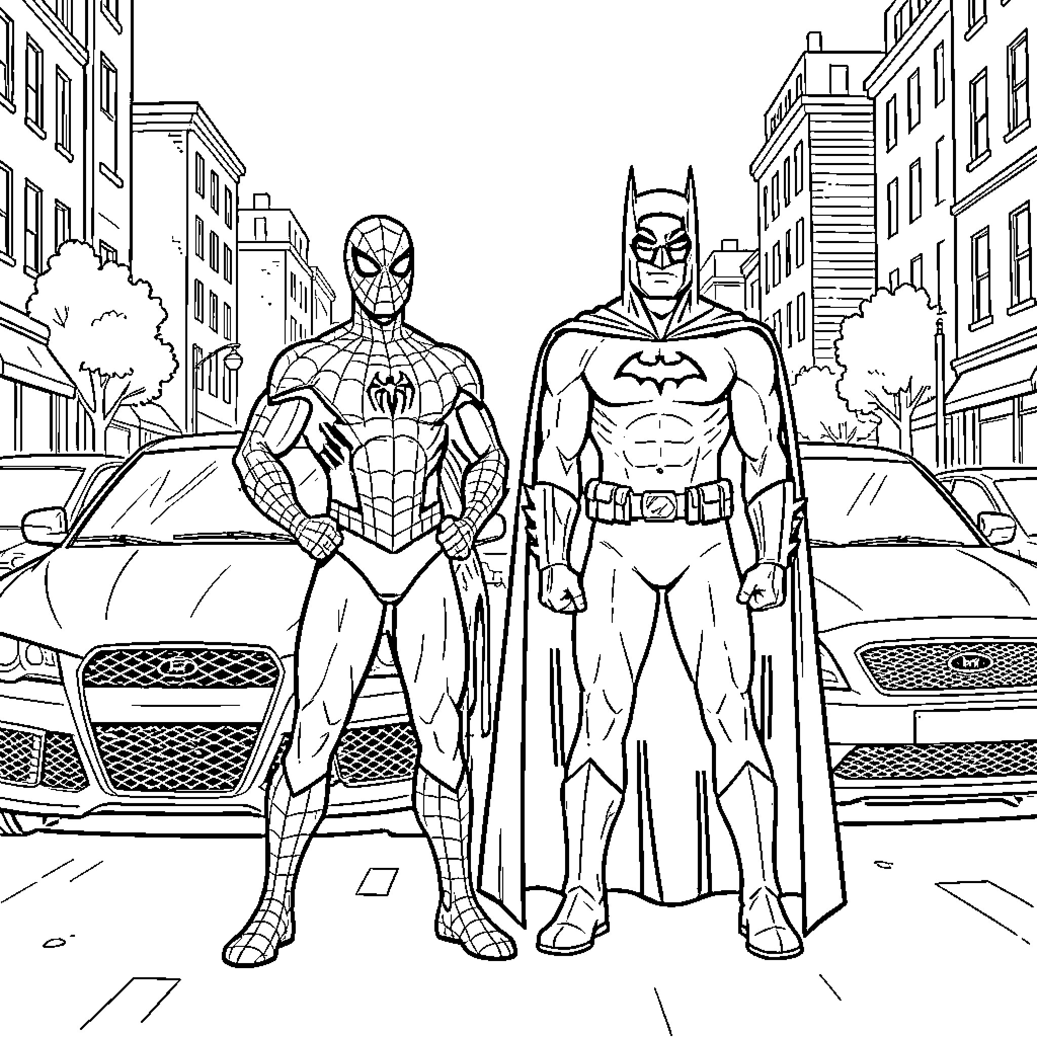 Spiderman and Batman standing heroically in a city street Coloring Page (free black-and-white line drawing printable PDF for all, from beginners to advanced learners, including children, teens, adults, and seniors)