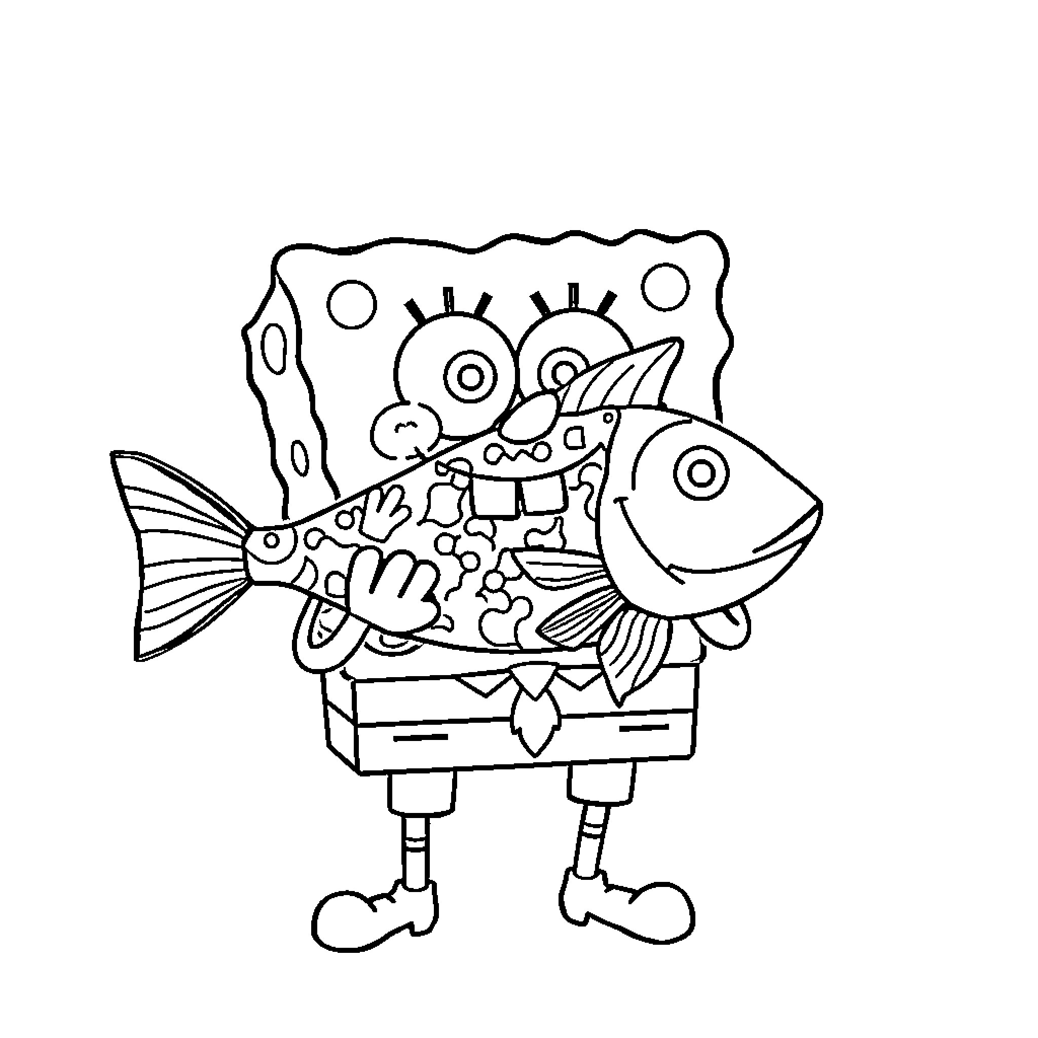 Spongebob making funny faces with a fish Coloring Page (free black-and-white line drawing printable PDF for all, from beginners to advanced learners, including children, teens, adults, and seniors)