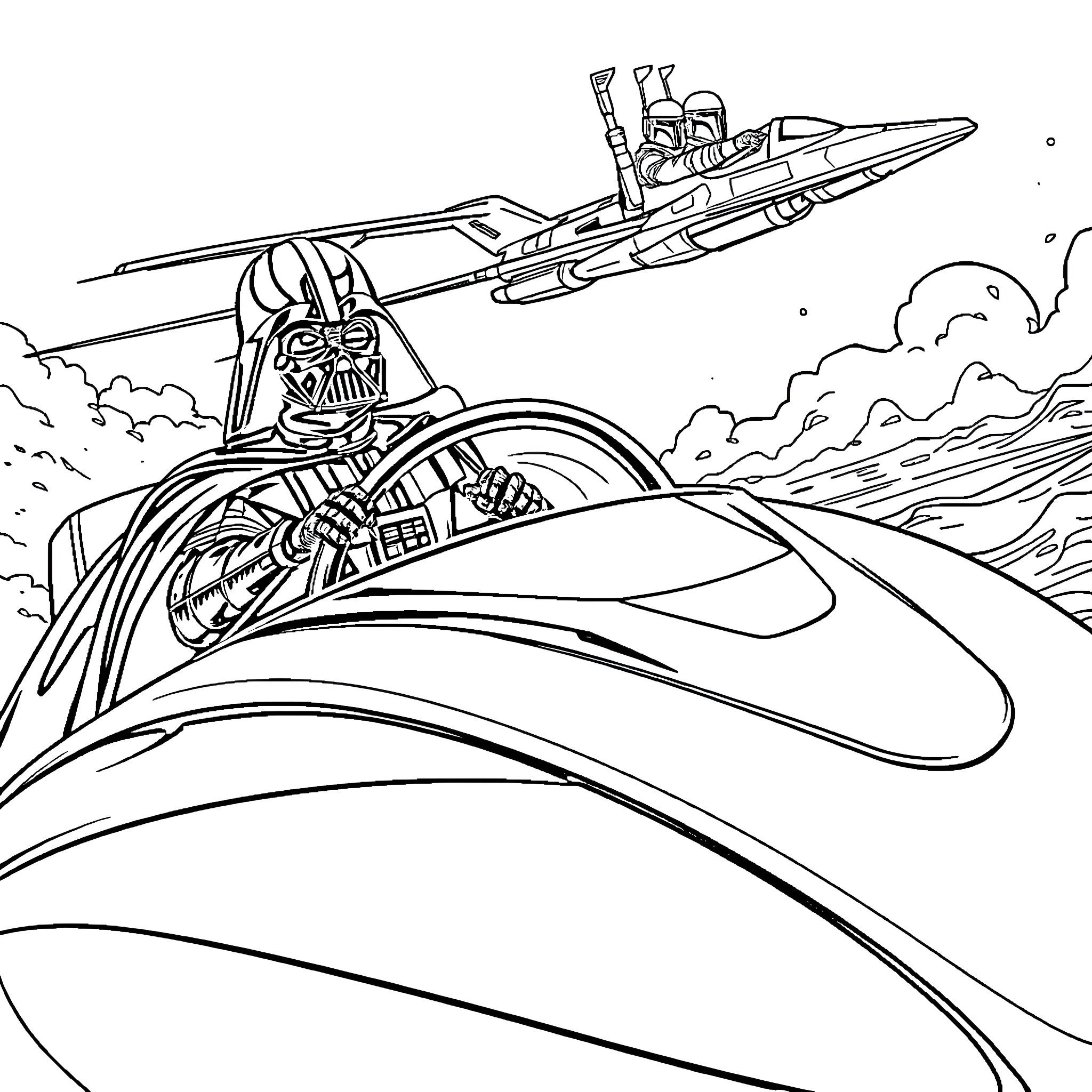 Darth Vader's High-Speed Pursuit in Spacecraft Coloring Page (free black-and-white line drawing printable PDF for all, from beginners to advanced learners, including children, teens, adults, and seniors)