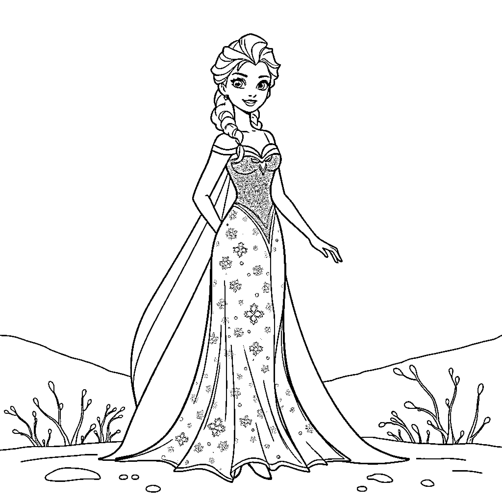 Elsa in her elegant winter dress Coloring Page (free black-and-white line drawing printable PDF for all, from beginners to advanced learners, including children, teens, adults, and seniors)