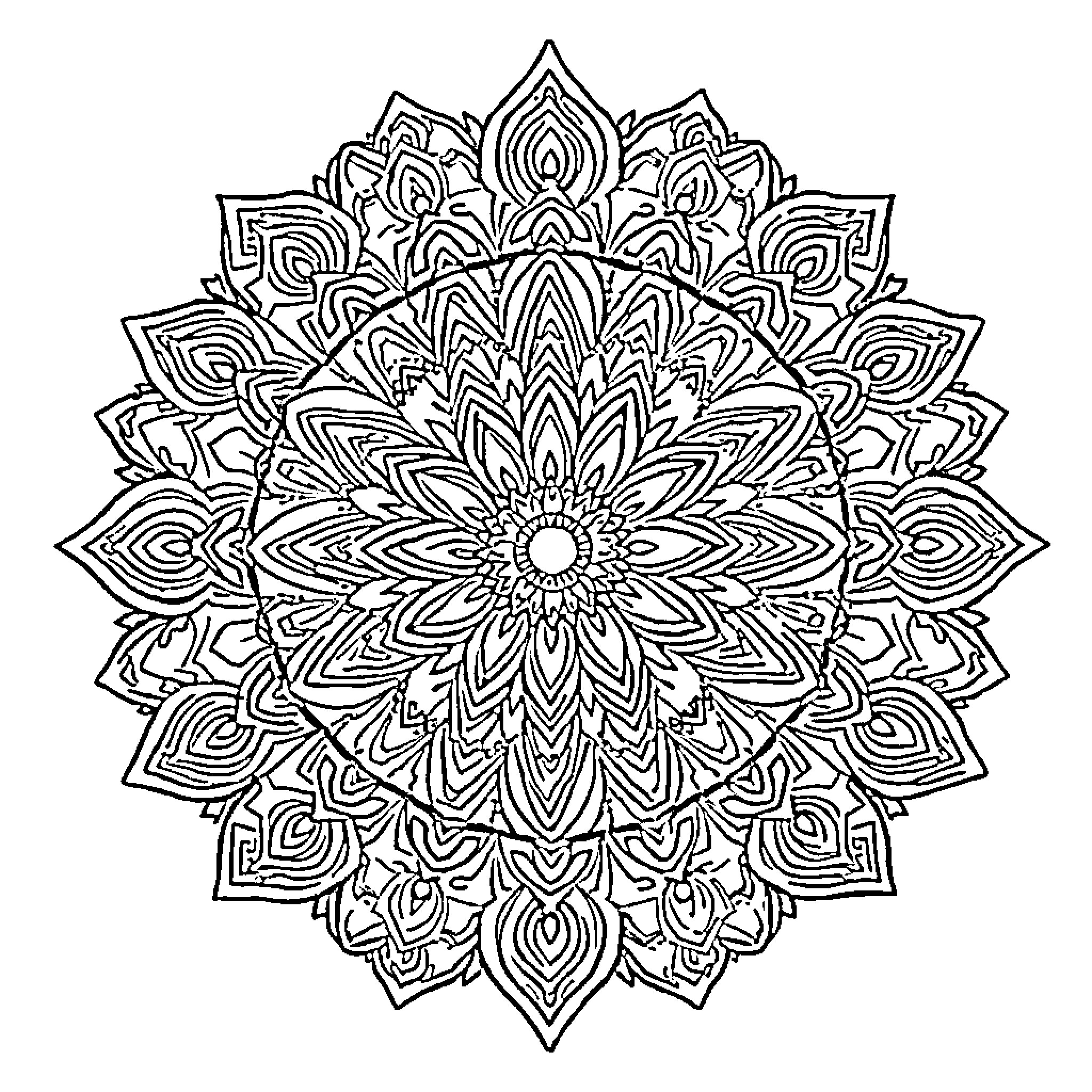 Mandala of intricate floral patterns Coloring Page (free black-and-white line drawing printable PDF for all, from beginners to advanced learners, including children, teens, adults, and seniors)