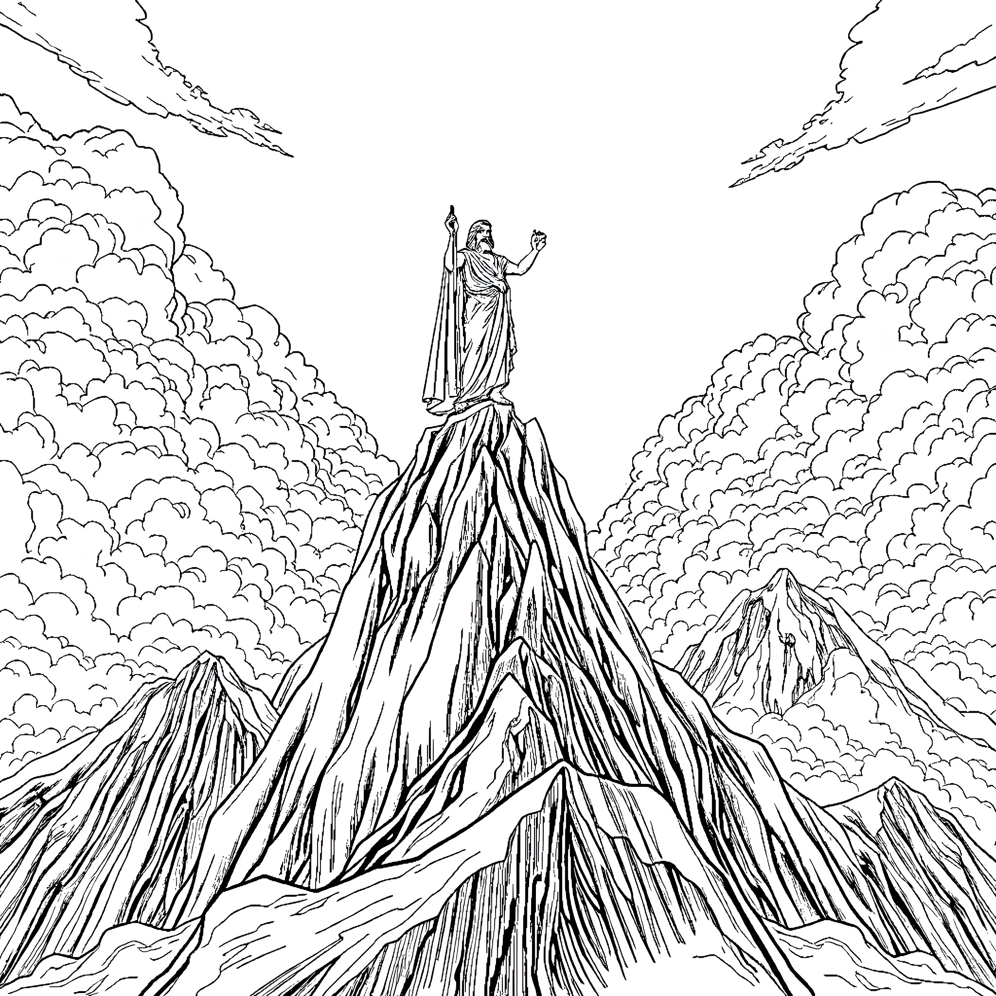 Greek God overlooking majestic mountain peaks Coloring Page (free black-and-white line drawing printable PDF for all, from beginners to advanced learners, including children, teens, adults, and seniors)