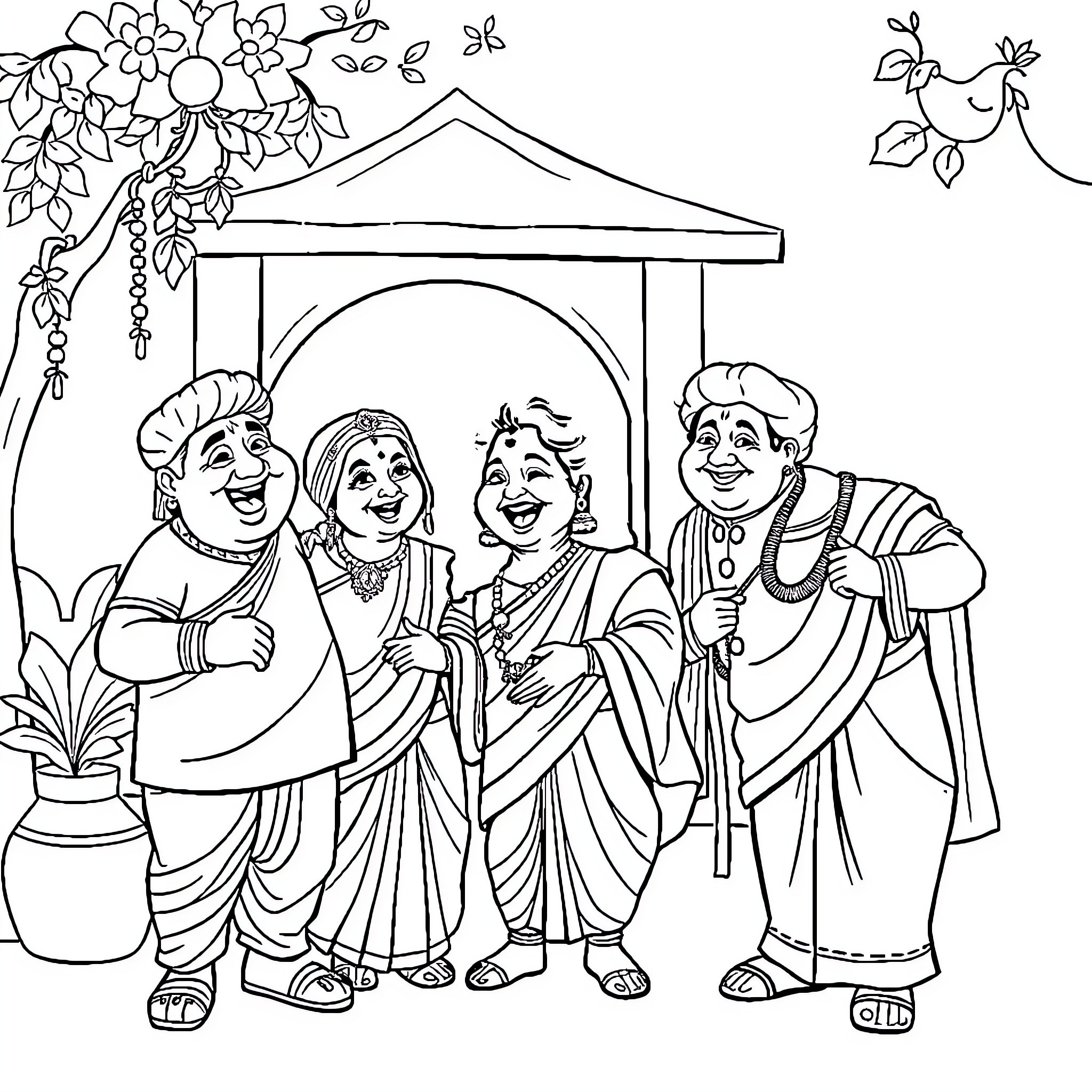 Tarak Mehta Ka Ulta Chasma - Four friends laughing and gathering outdoors Coloring Page (free black-and-white line drawing printable PDF for all, from beginners to advanced learners, including children, teens, adults, and seniors)