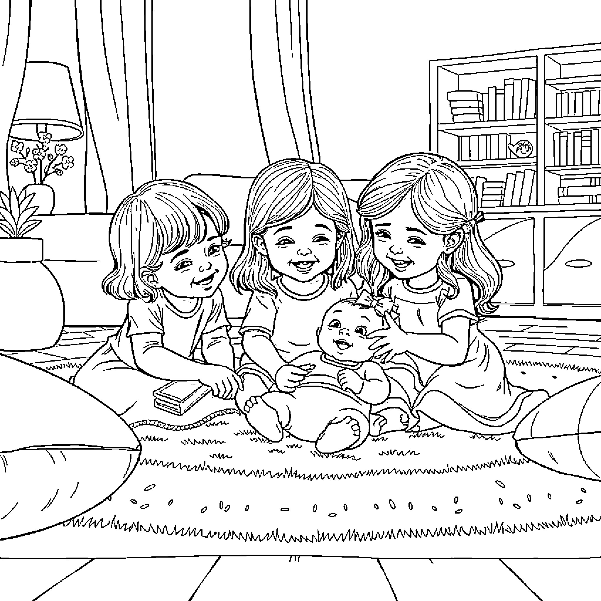 Sister's Cozy Comfort: A Heartwarming Family Moment Coloring Page (free black-and-white line drawing printable PDF for all, from beginners to advanced learners, including children, teens, adults, and seniors)