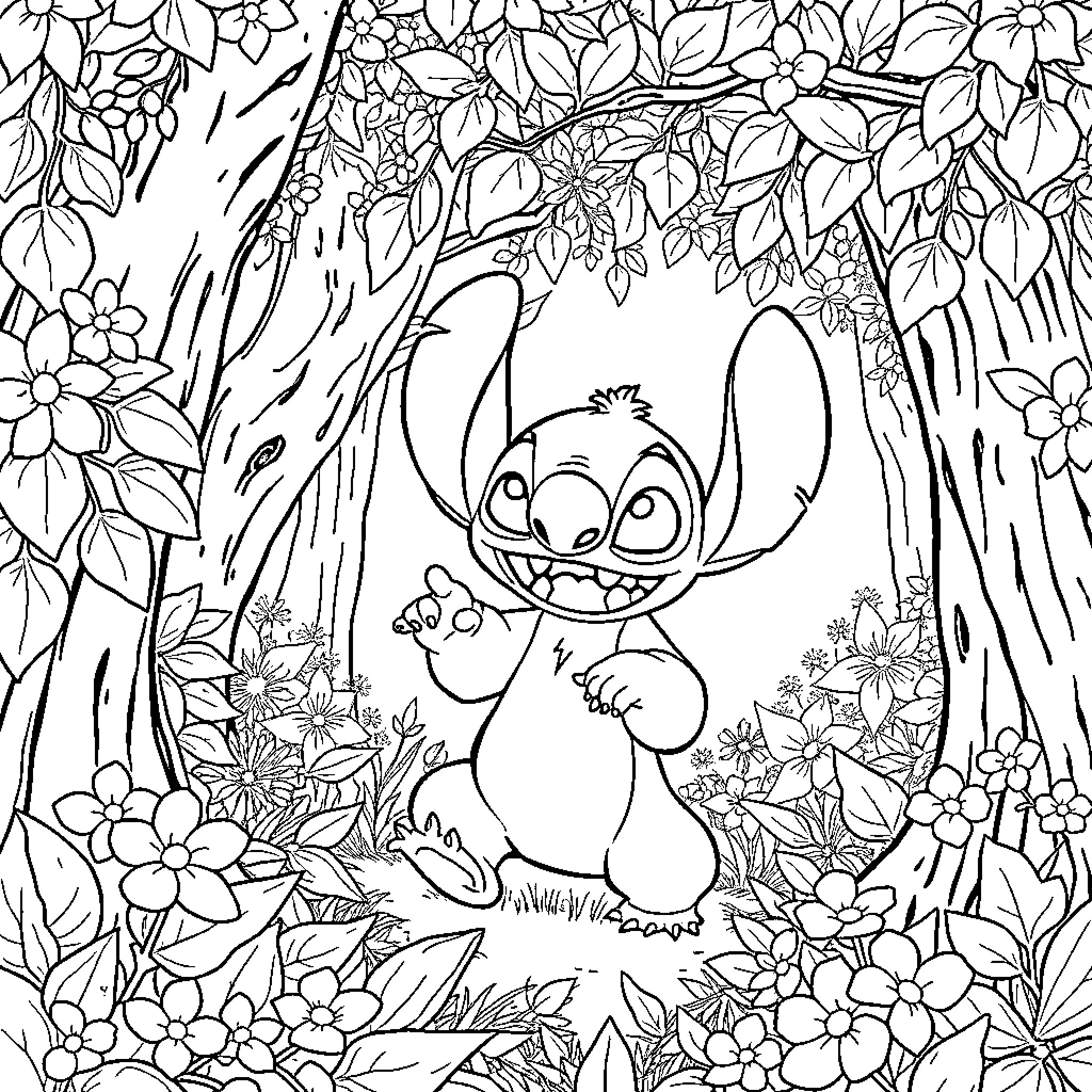 Bluey's Whimsical Adventure in the Floral Wonderland Coloring Page (free black-and-white line drawing printable PDF for all, from beginners to advanced learners, including children, teens, adults, and seniors)