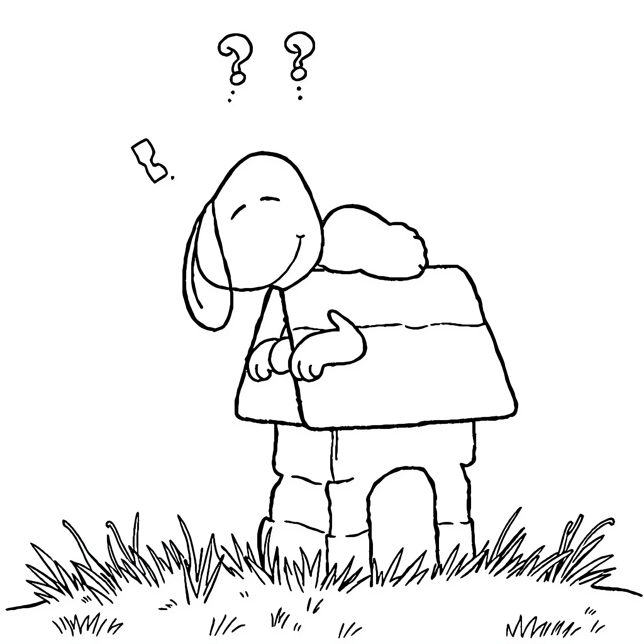 Snoopy thinking in the grass Coloring Page (free black-and-white line drawing printable PDF for all, from beginners to advanced learners, including children, teens, adults, and seniors)