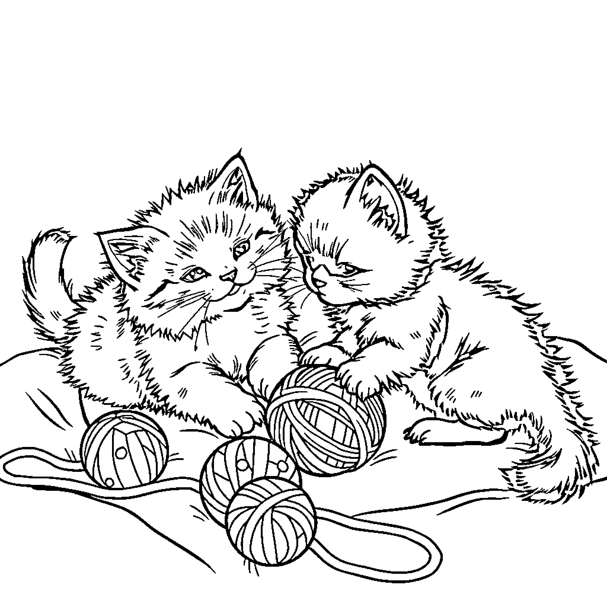 Kittens playing with yarn and balls Coloring Page (free black-and-white line drawing printable PDF for all, from beginners to advanced learners, including children, teens, adults, and seniors)
