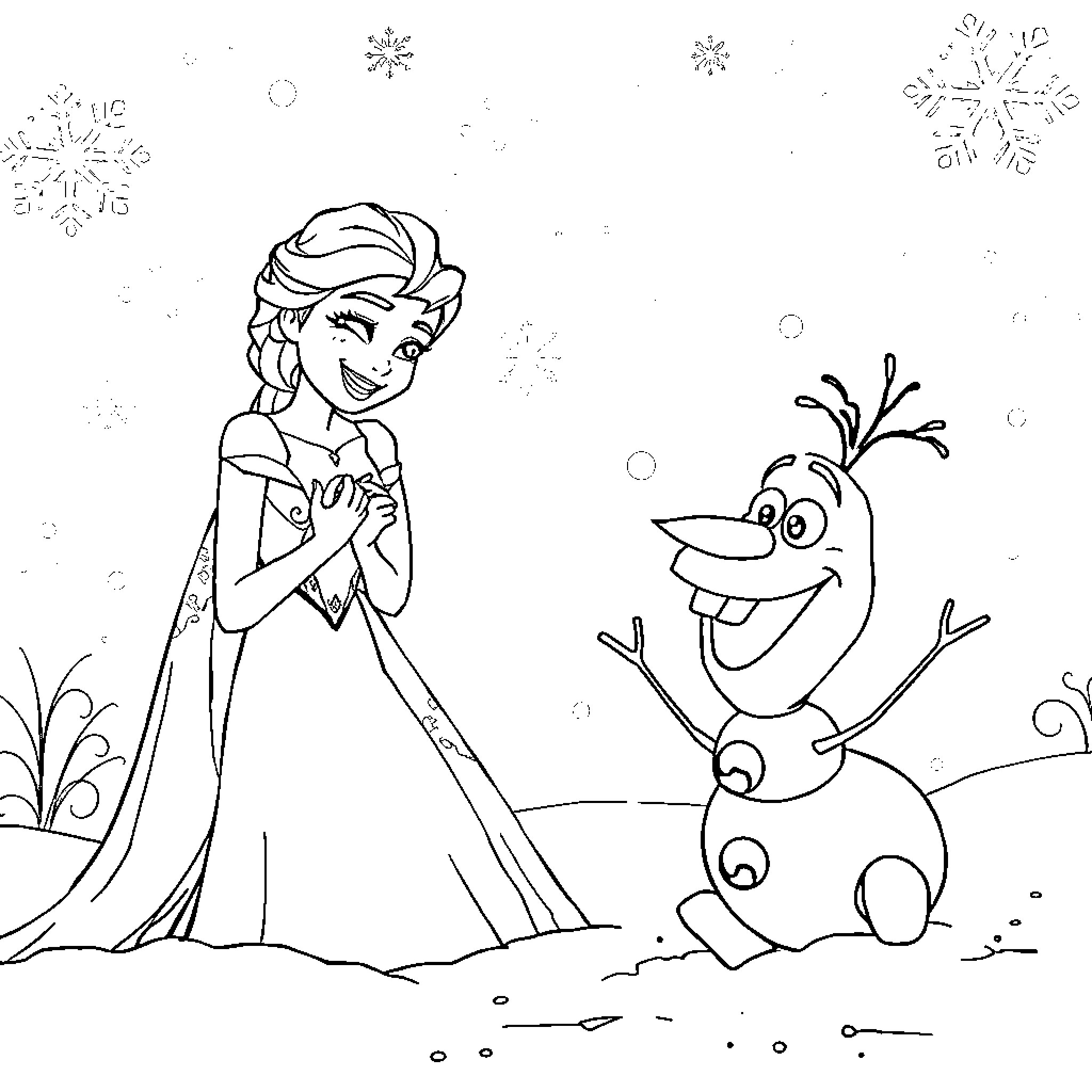 Elsa and Olaf sharing a winter moment Coloring Page (free black-and-white line drawing printable PDF for all, from beginners to advanced learners, including children, teens, adults, and seniors)