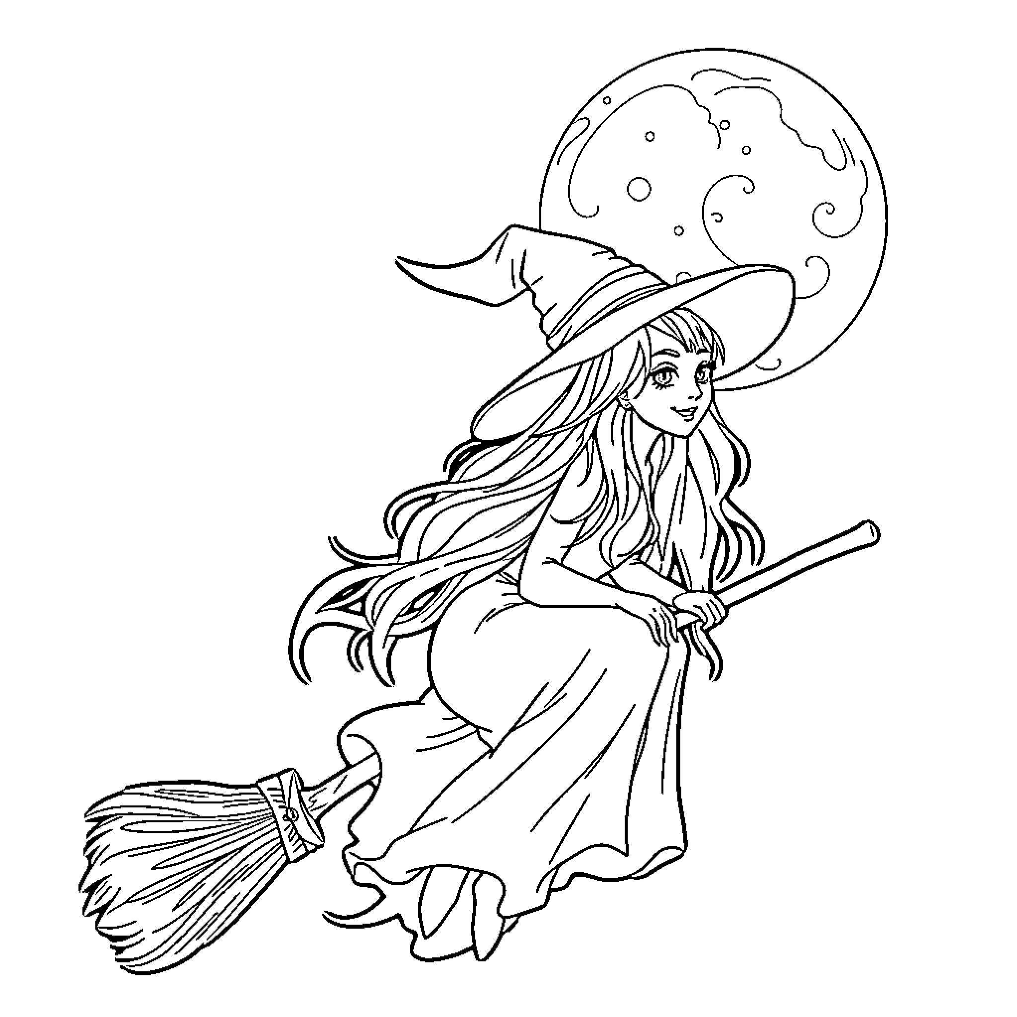 Witch riding her broom under the moonlight Coloring Page (free black-and-white line drawing printable PDF for all, from beginners to advanced learners, including children, teens, adults, and seniors)