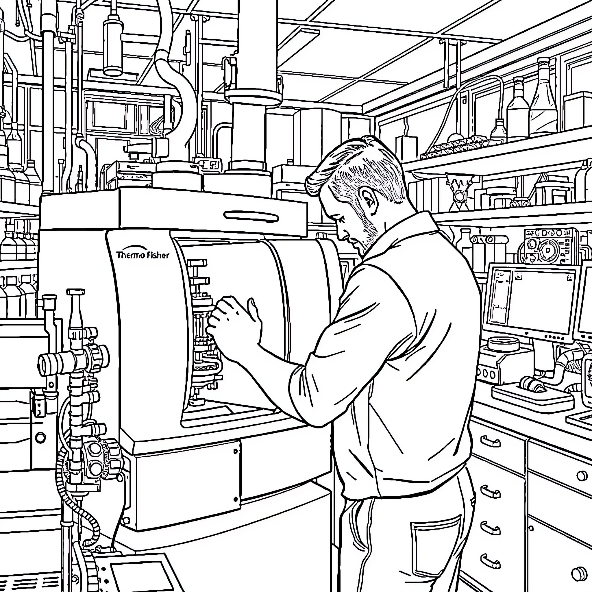 Guy inspecting equipment in a science laboratory Coloring Page (free black-and-white line drawing printable PDF for all, from beginners to advanced learners, including children, teens, adults, and seniors)