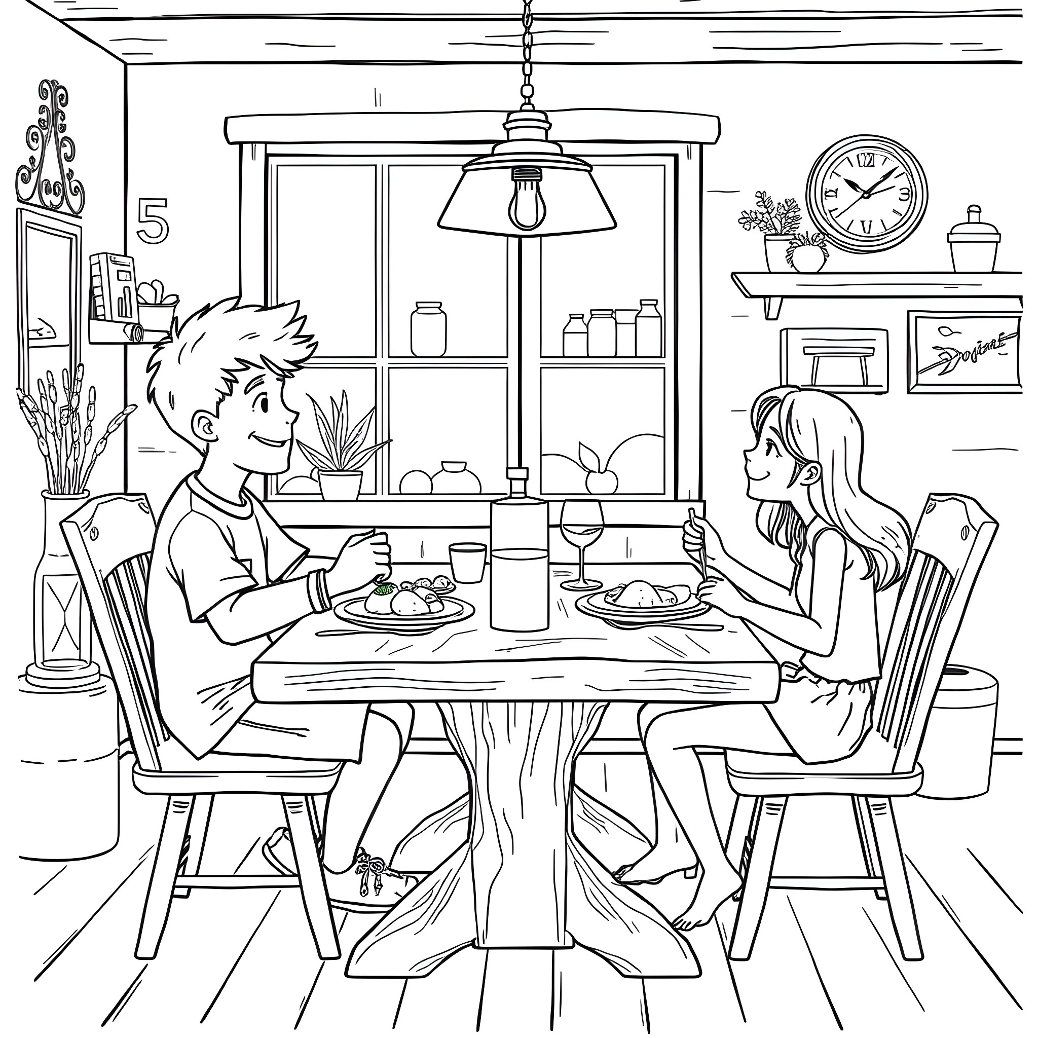 Teen couple dining in cozy home setting Coloring Page (free black-and-white line drawing printable PDF for all, from beginners to advanced learners, including children, teens, adults, and seniors)