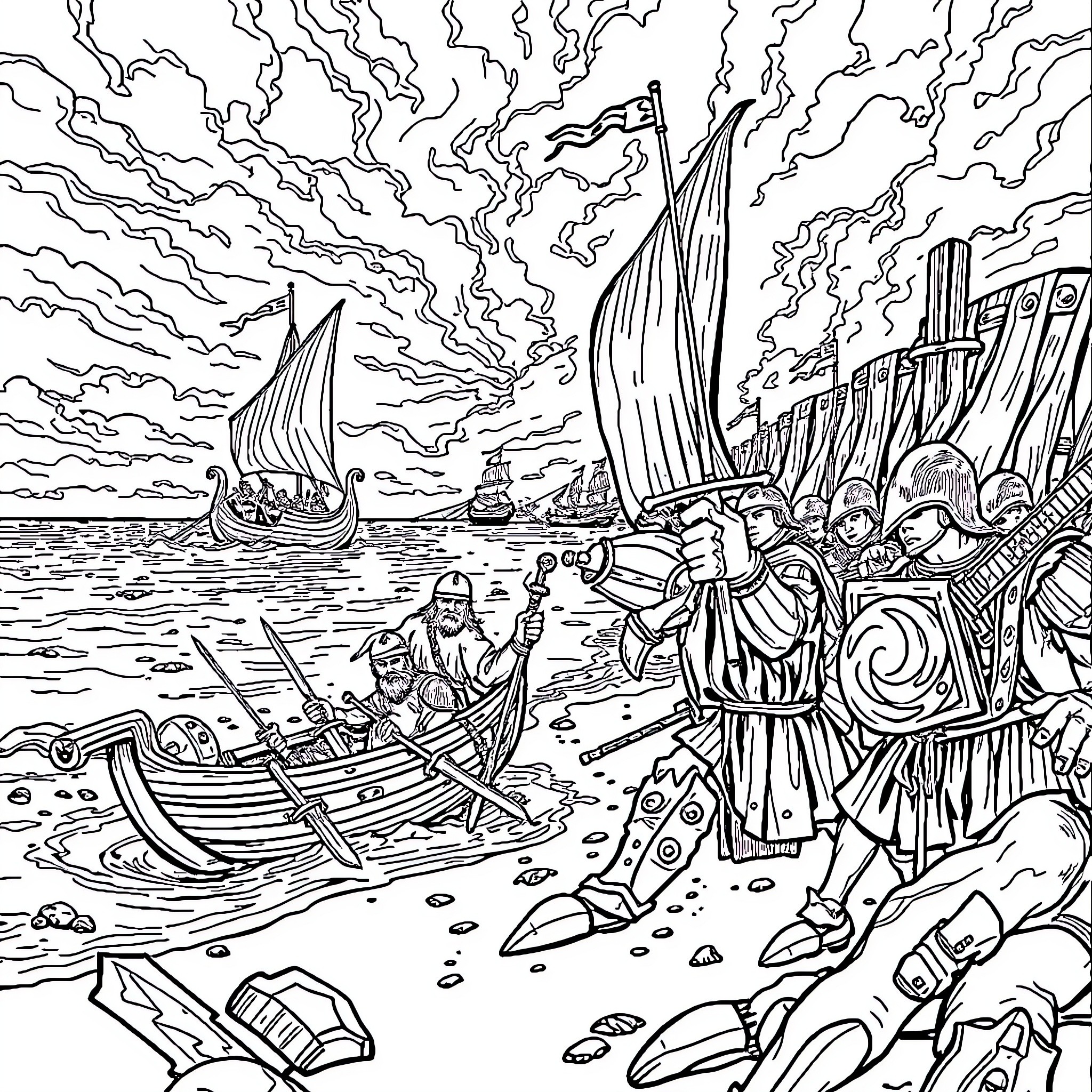 Viking warriors engaged in fierce battle at sea Coloring Page (free black-and-white line drawing printable PDF for all, from beginners to advanced learners, including children, teens, adults, and seniors)