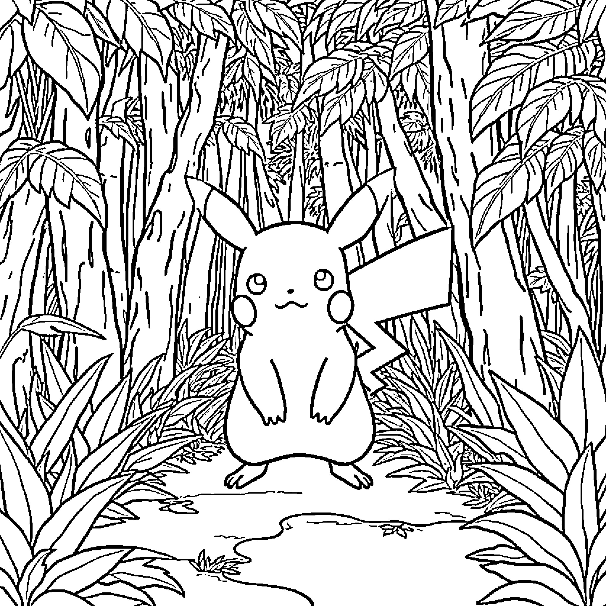 Pikachu standing amidst a lush tropical jungle Coloring Page (free black-and-white line drawing printable PDF for all, from beginners to advanced learners, including children, teens, adults, and seniors)