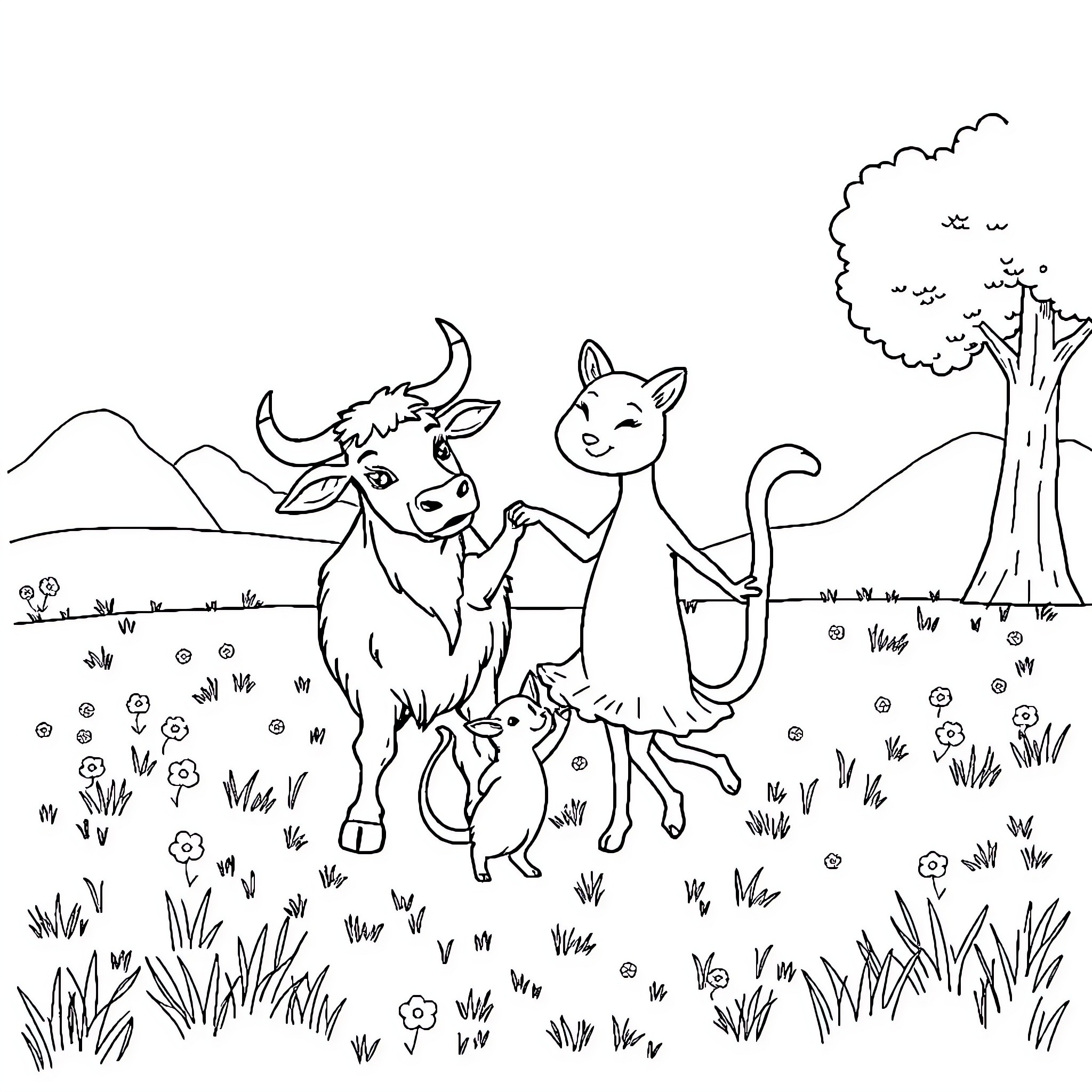 Cow and Friends Enjoying the Outdoors Coloring Page (free black-and-white line drawing printable PDF for all, from beginners to advanced learners, including children, teens, adults, and seniors)