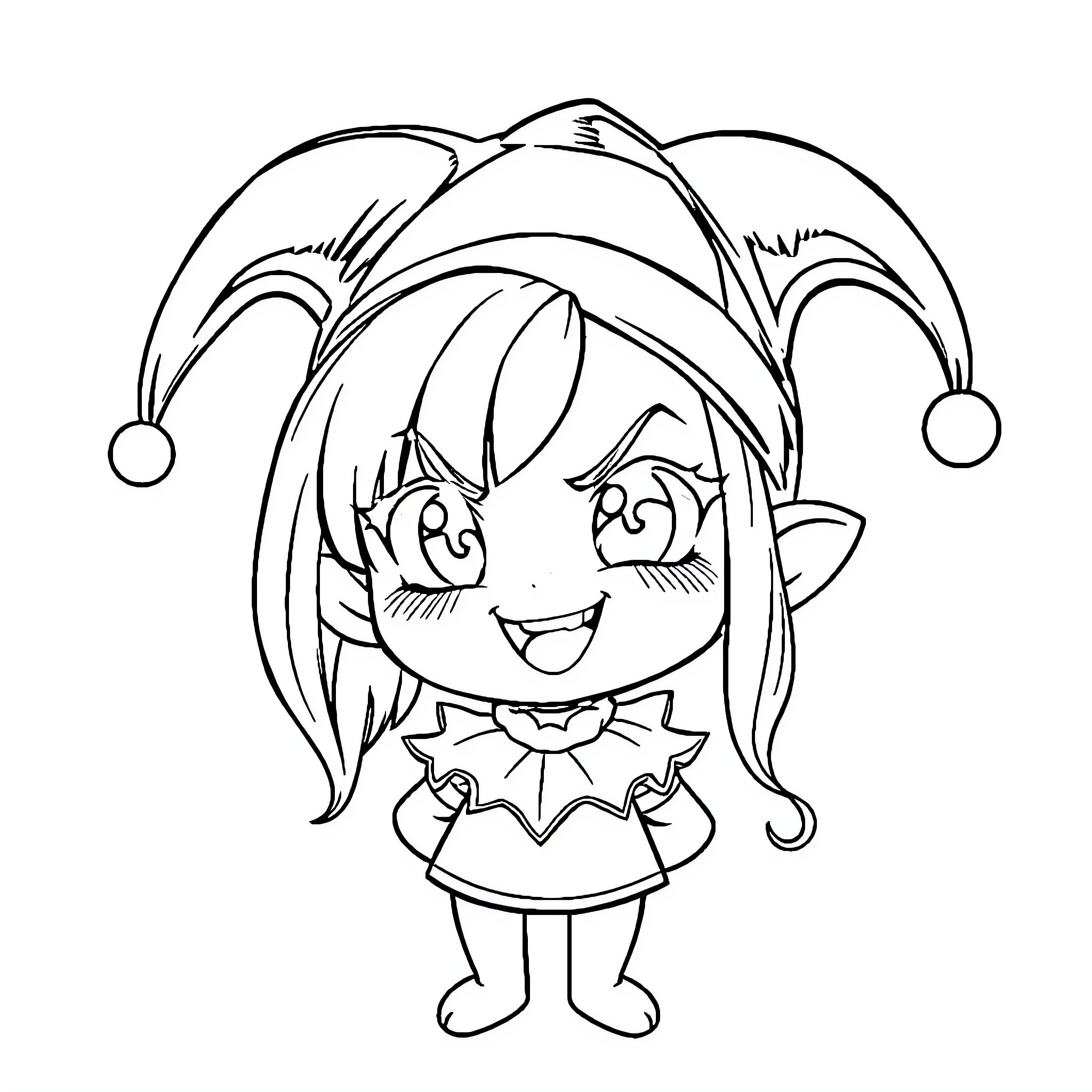 Kuromi in a jester outfit expressing happiness Coloring Page (free black-and-white line drawing printable PDF for all, from beginners to advanced learners, including children, teens, adults, and seniors)