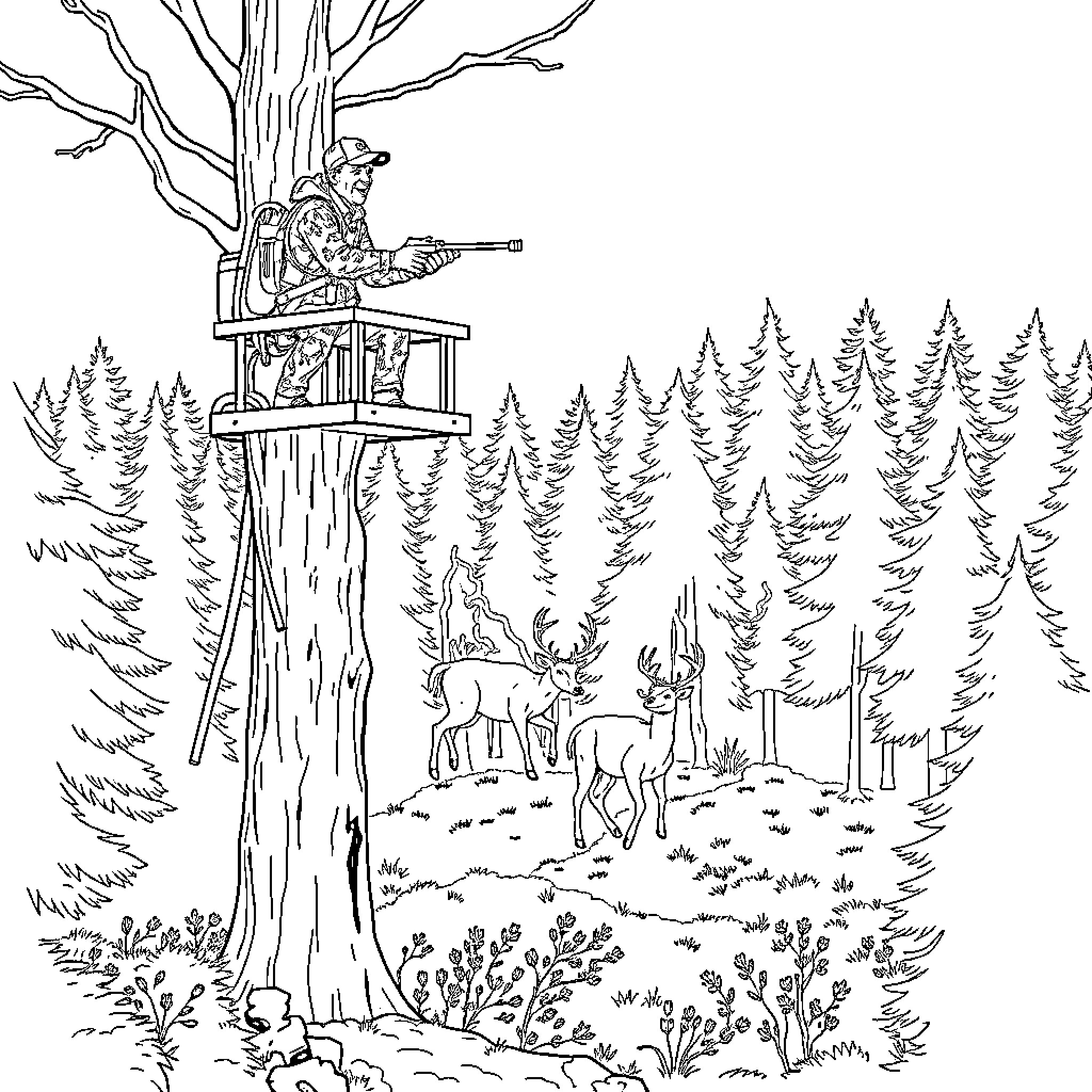 Hunter perched on tree watching wildlife in forest Coloring Page (free black-and-white line drawing printable PDF for all, from beginners to advanced learners, including children, teens, adults, and seniors)