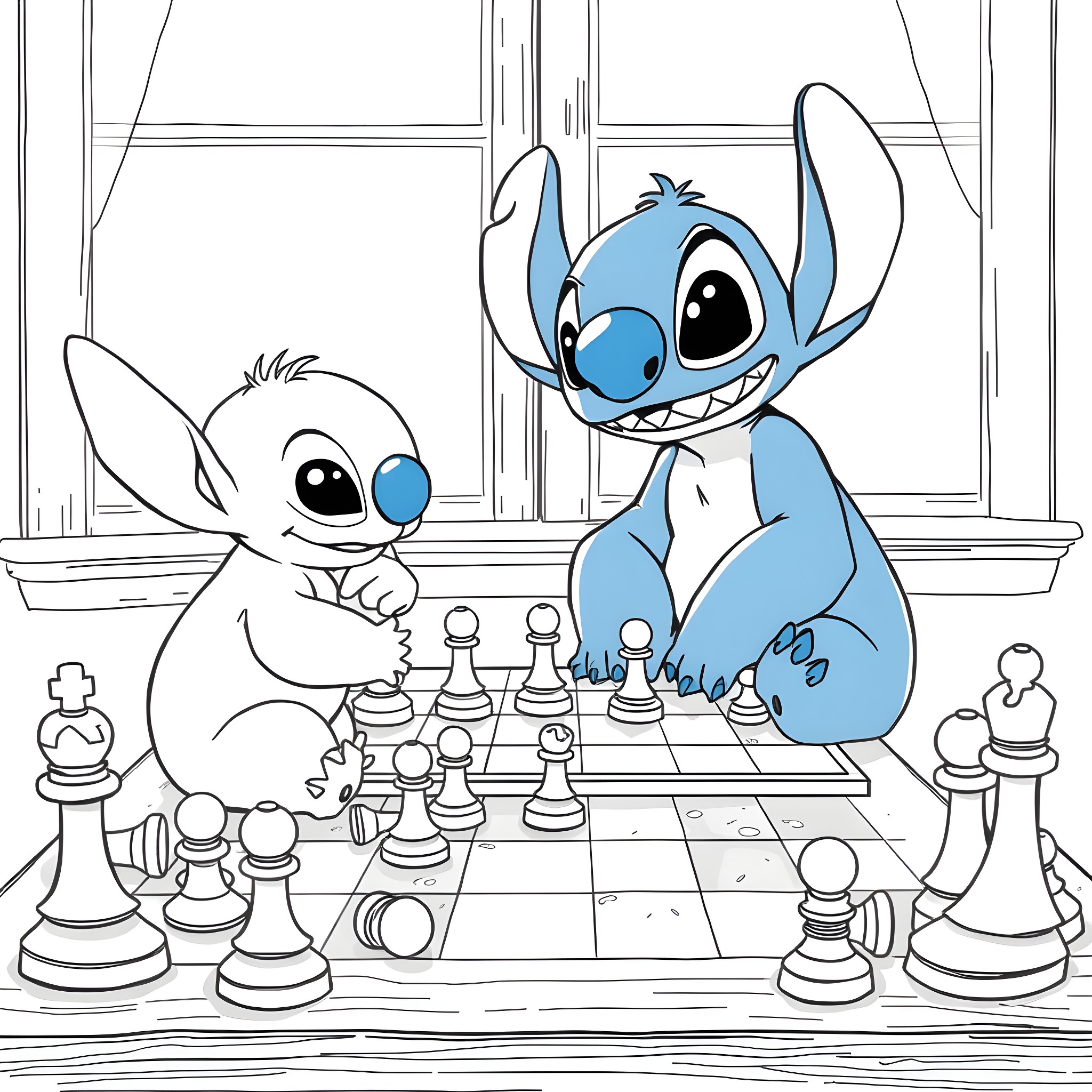 Bluey and Stitch Play Chess Together Coloring Page (free black-and-white line drawing printable PDF for all, from beginners to advanced learners, including children, teens, adults, and seniors)