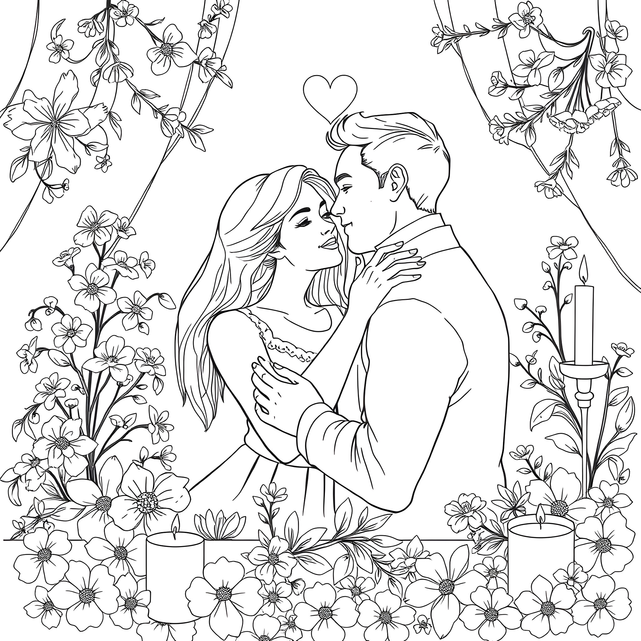 Wife and husband embracing in floral garden Coloring Page (free black-and-white line drawing printable PDF for all, from beginners to advanced learners, including children, teens, adults, and seniors)