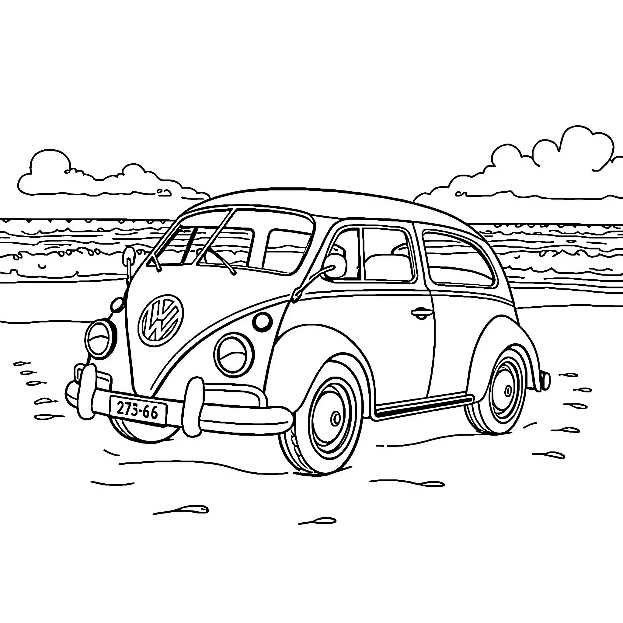 Volkswagen vintage car by the beach Coloring Page (free black-and-white line drawing printable PDF for all, from beginners to advanced learners, including children, teens, adults, and seniors)