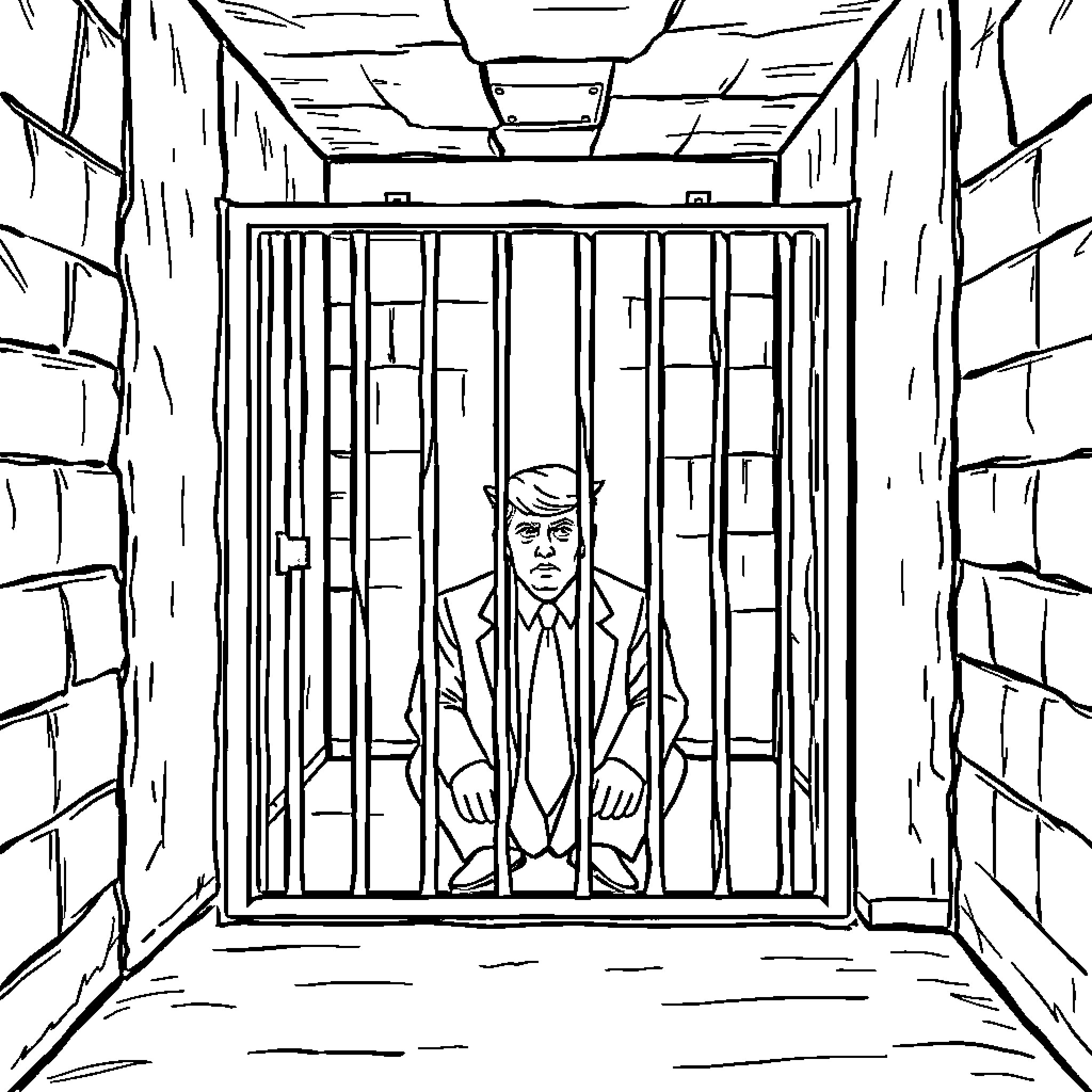 Trump behind bars in a prison cell Coloring Page (free black-and-white line drawing printable PDF for all, from beginners to advanced learners, including children, teens, adults, and seniors)