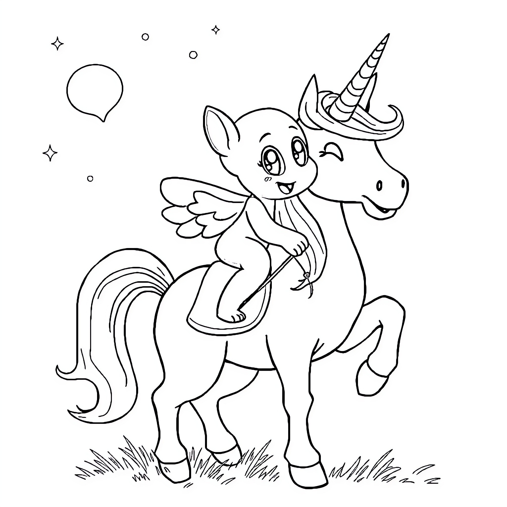 Bluey the Magical Unicorn Frolicking in the Field Coloring Page (free black-and-white line drawing printable PDF for all, from beginners to advanced learners, including children, teens, adults, and seniors)