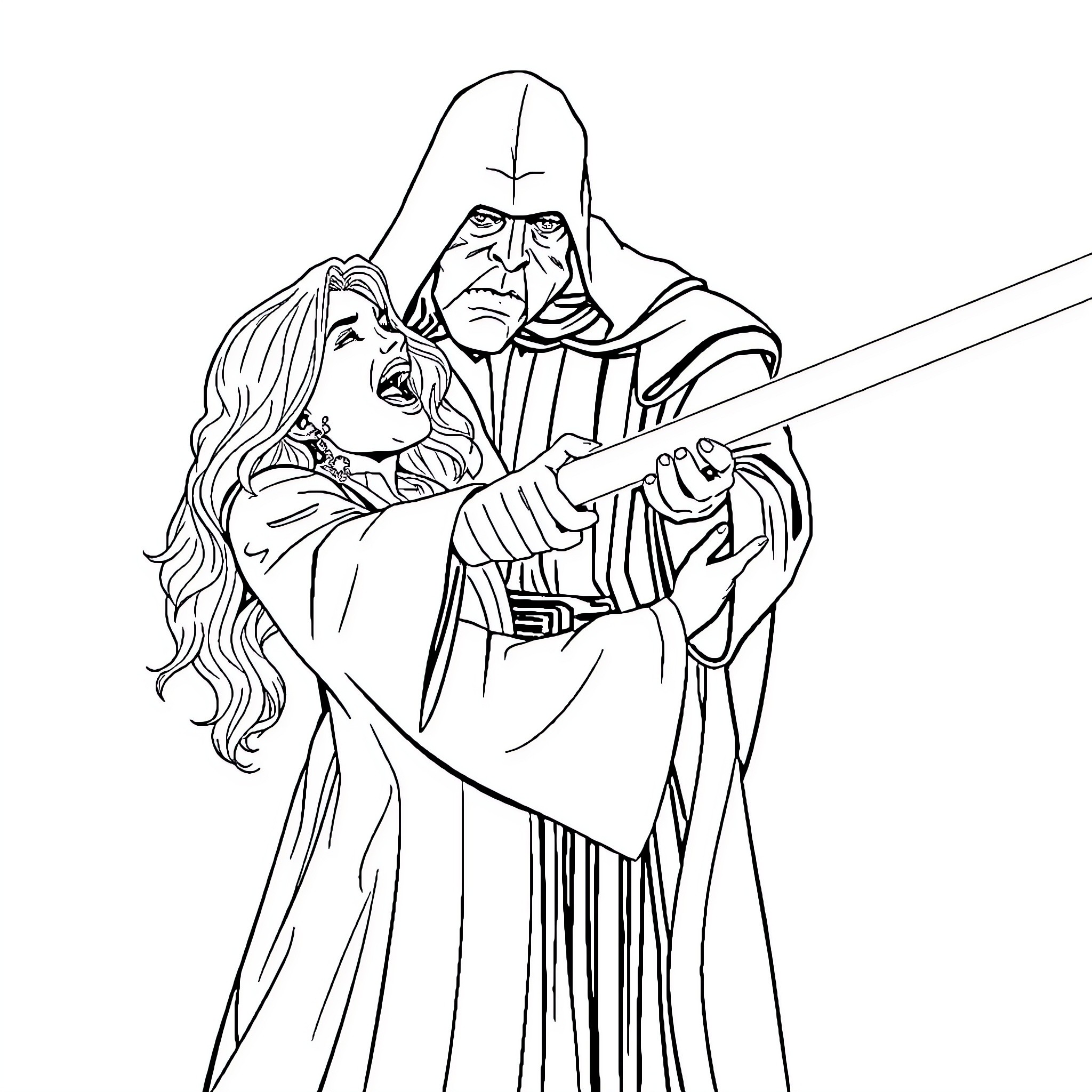 Emperor Palpatine's Sinister Embrace of a Captive Coloring Page (free black-and-white line drawing printable PDF for all, from beginners to advanced learners, including children, teens, adults, and seniors)