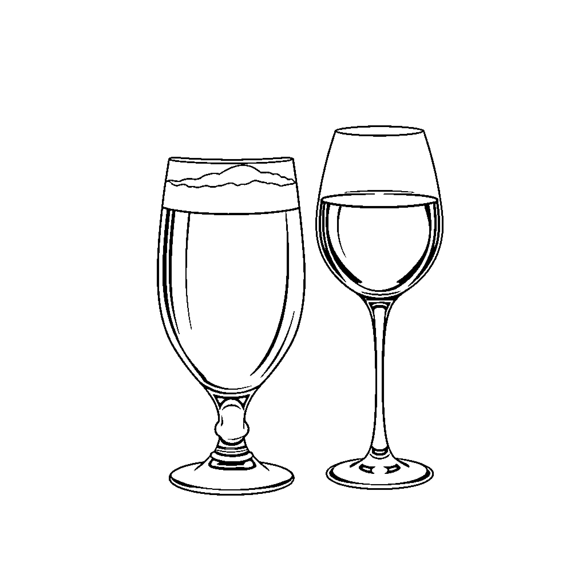 Beer glasses in different shapes and sizes Coloring Page (free black-and-white line drawing printable PDF for all, from beginners to advanced learners, including children, teens, adults, and seniors)