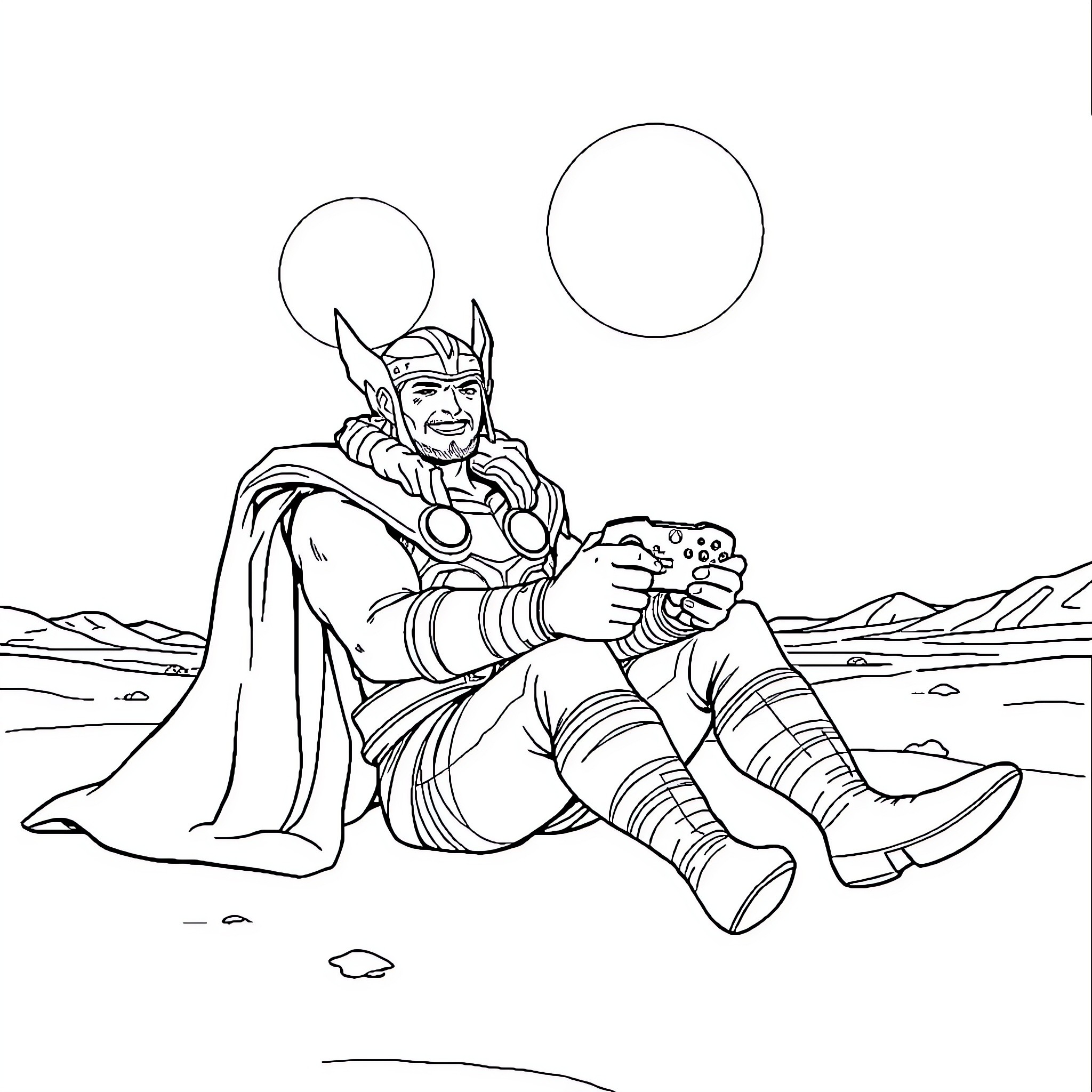 Thor resting in a desert landscape Coloring Page (free black-and-white line drawing printable PDF for all, from beginners to advanced learners, including children, teens, adults, and seniors)