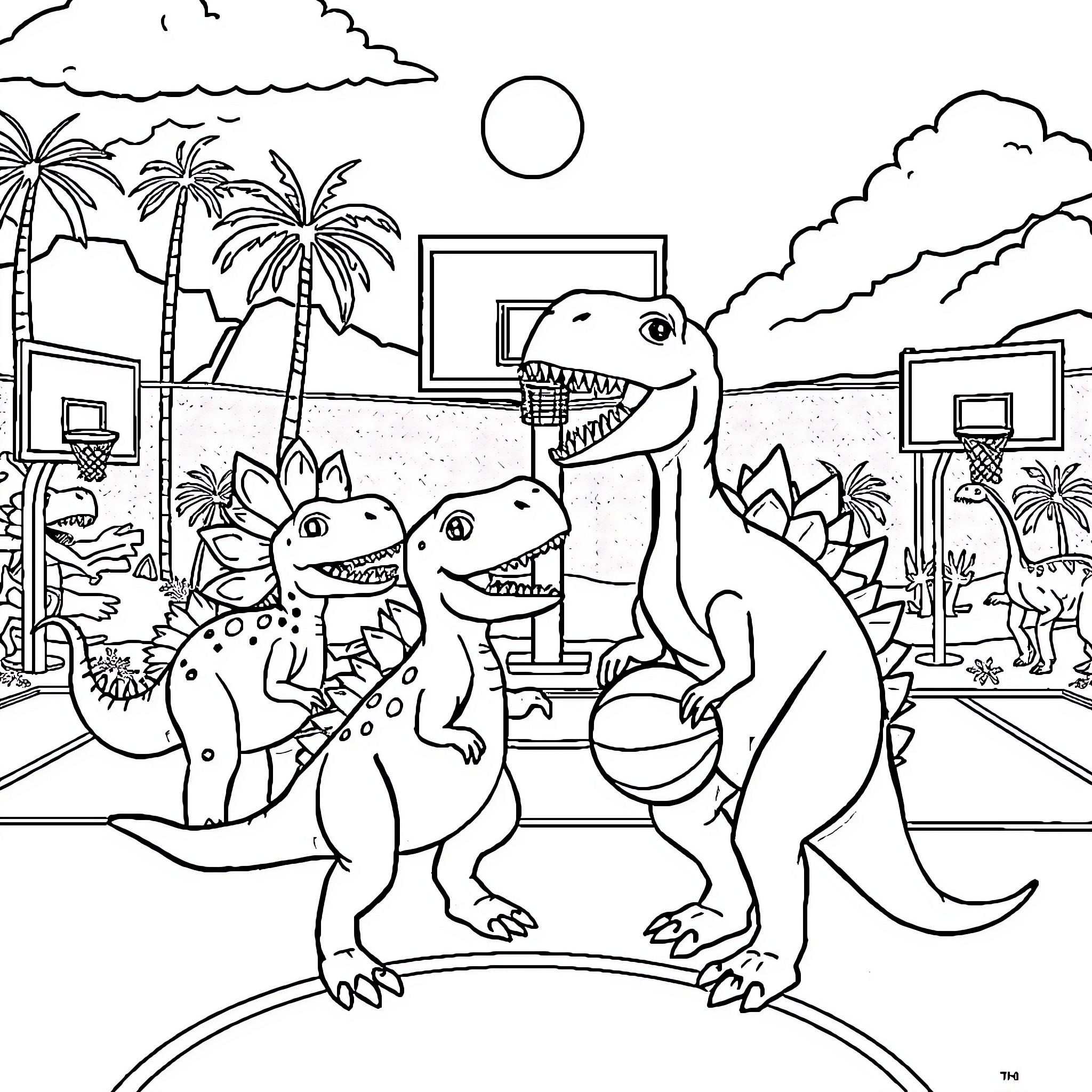Dinosaur Playtime in the Tropical Paradise Coloring Page (free black-and-white line drawing printable PDF for all, from beginners to advanced learners, including children, teens, adults, and seniors)
