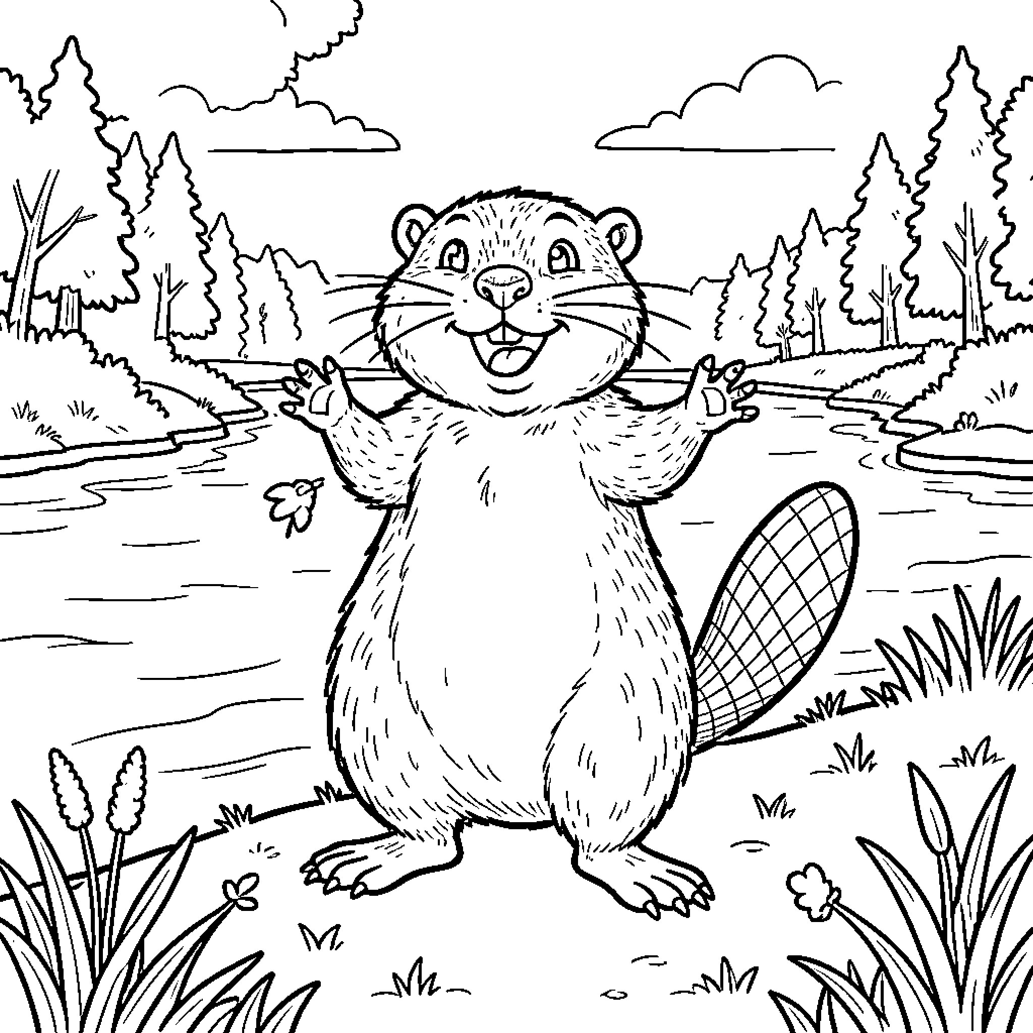 Beaver waving happily by a river in nature Coloring Page (free black-and-white line drawing printable PDF for all, from beginners to advanced learners, including children, teens, adults, and seniors)