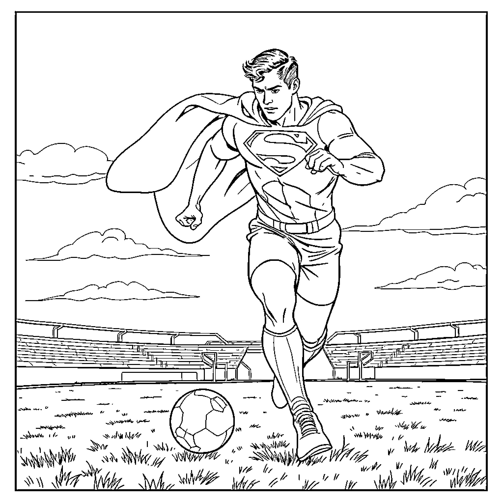 Superman playing soccer in a stadium Coloring Page (free black-and-white line drawing printable PDF for all, from beginners to advanced learners, including children, teens, adults, and seniors)