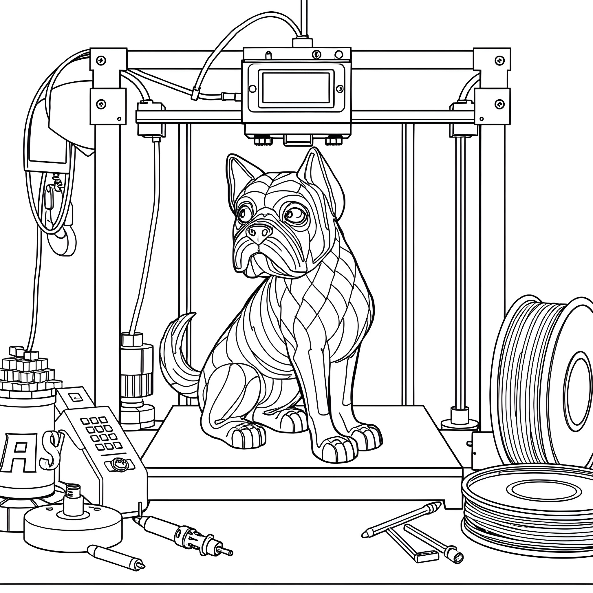 Dog being 3D printed in a workshop Coloring Page (free black-and-white line drawing printable PDF for all, from beginners to advanced learners, including children, teens, adults, and seniors)