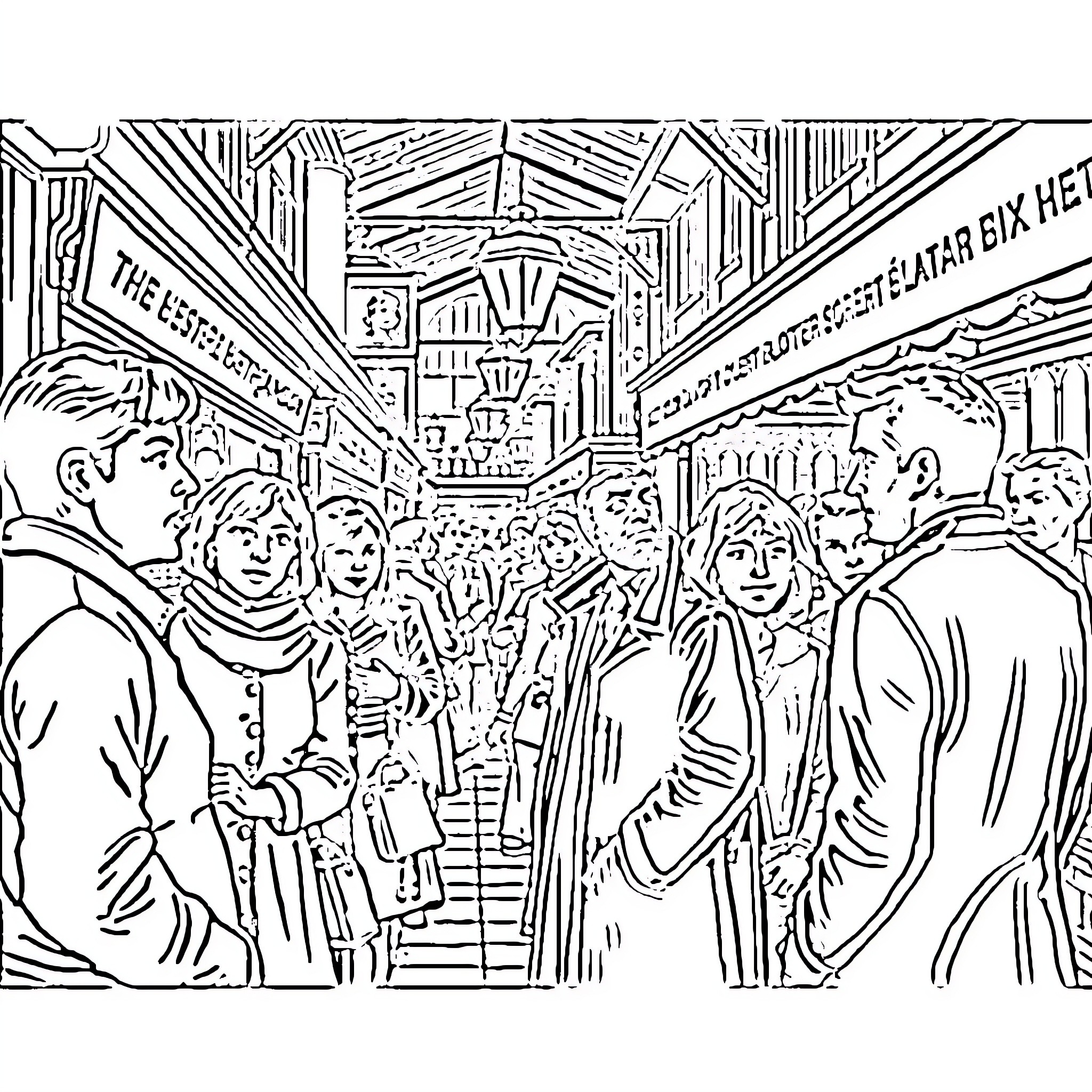 Eastenders' Crowd Gathering at a Busy Market Coloring Page (free black-and-white line drawing printable PDF for all, from beginners to advanced learners, including children, teens, adults, and seniors)
