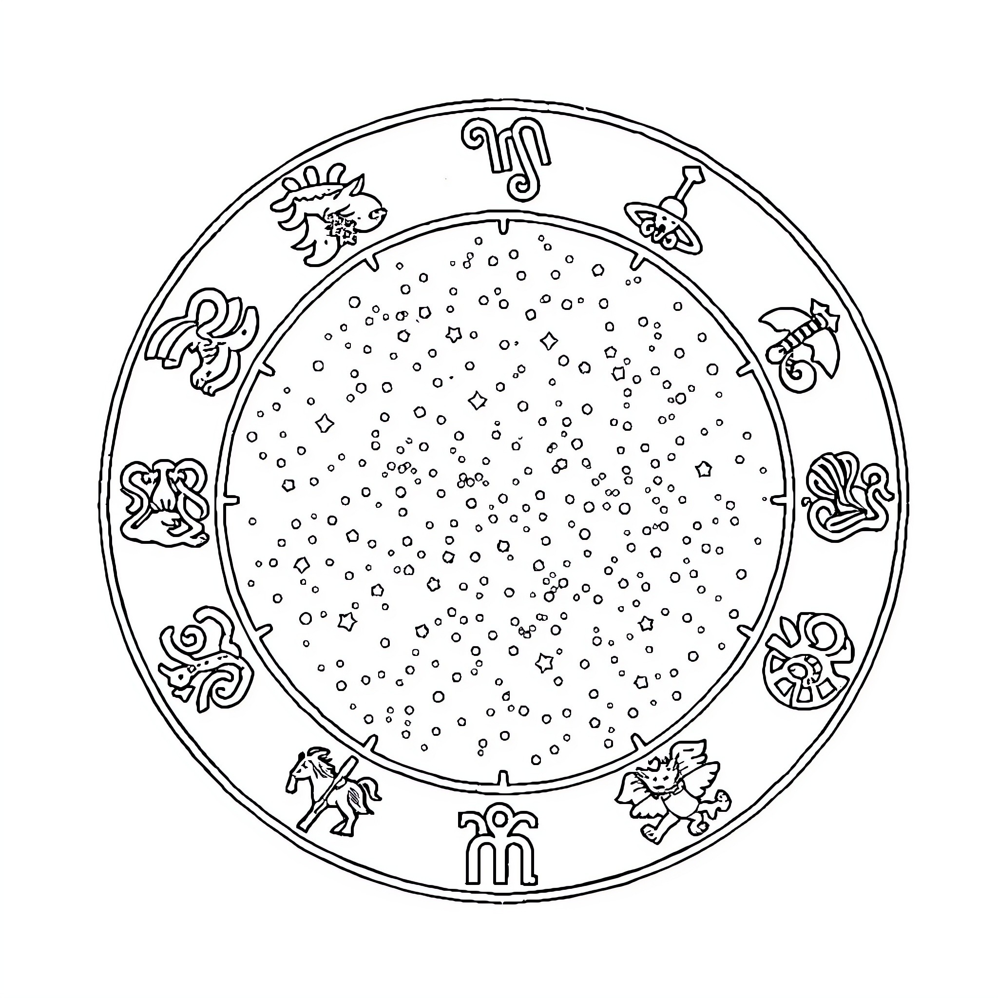 Zodiac Symbols in a Circular Design Coloring Page (free black-and-white line drawing printable PDF for all, from beginners to advanced learners, including children, teens, adults, and seniors)