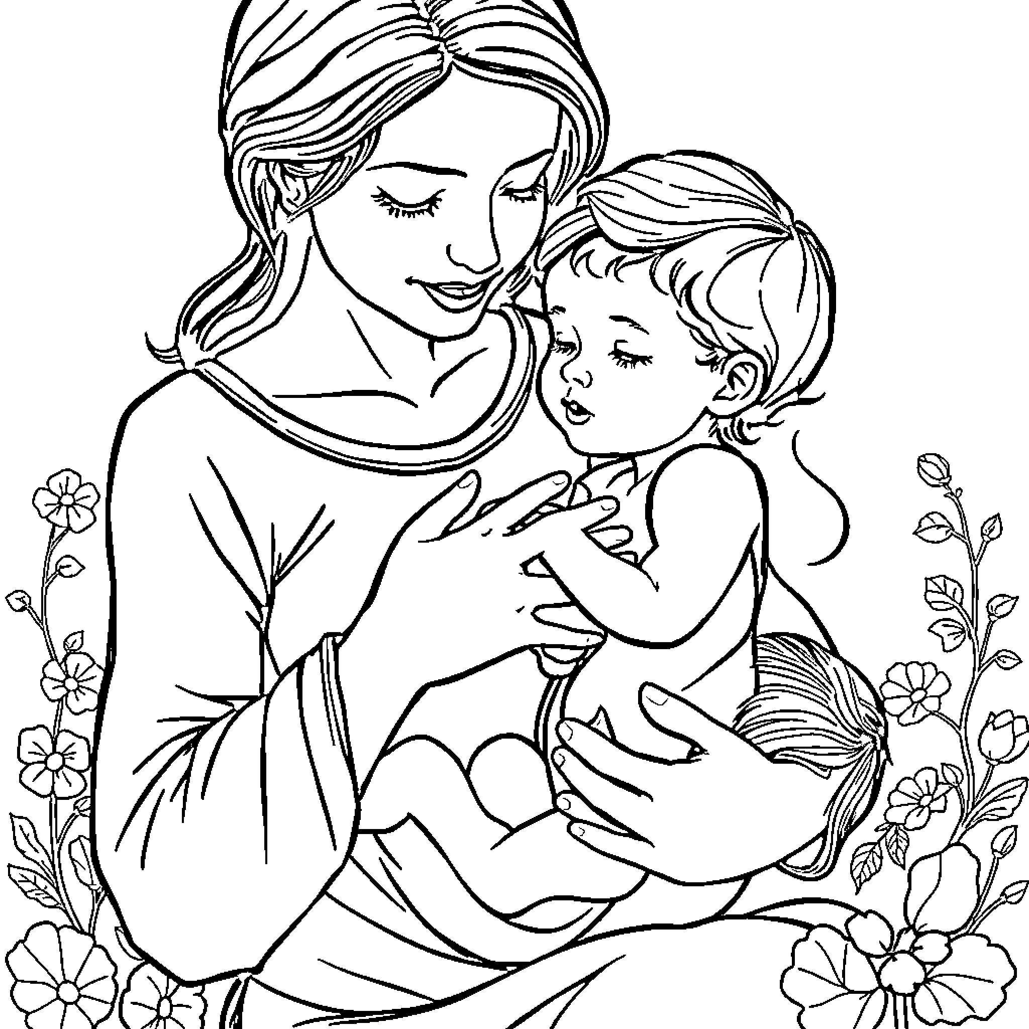 Mother Embracing Child with Tenderness and Care Coloring Page (free black-and-white line drawing printable PDF for all, from beginners to advanced learners, including children, teens, adults, and seniors)