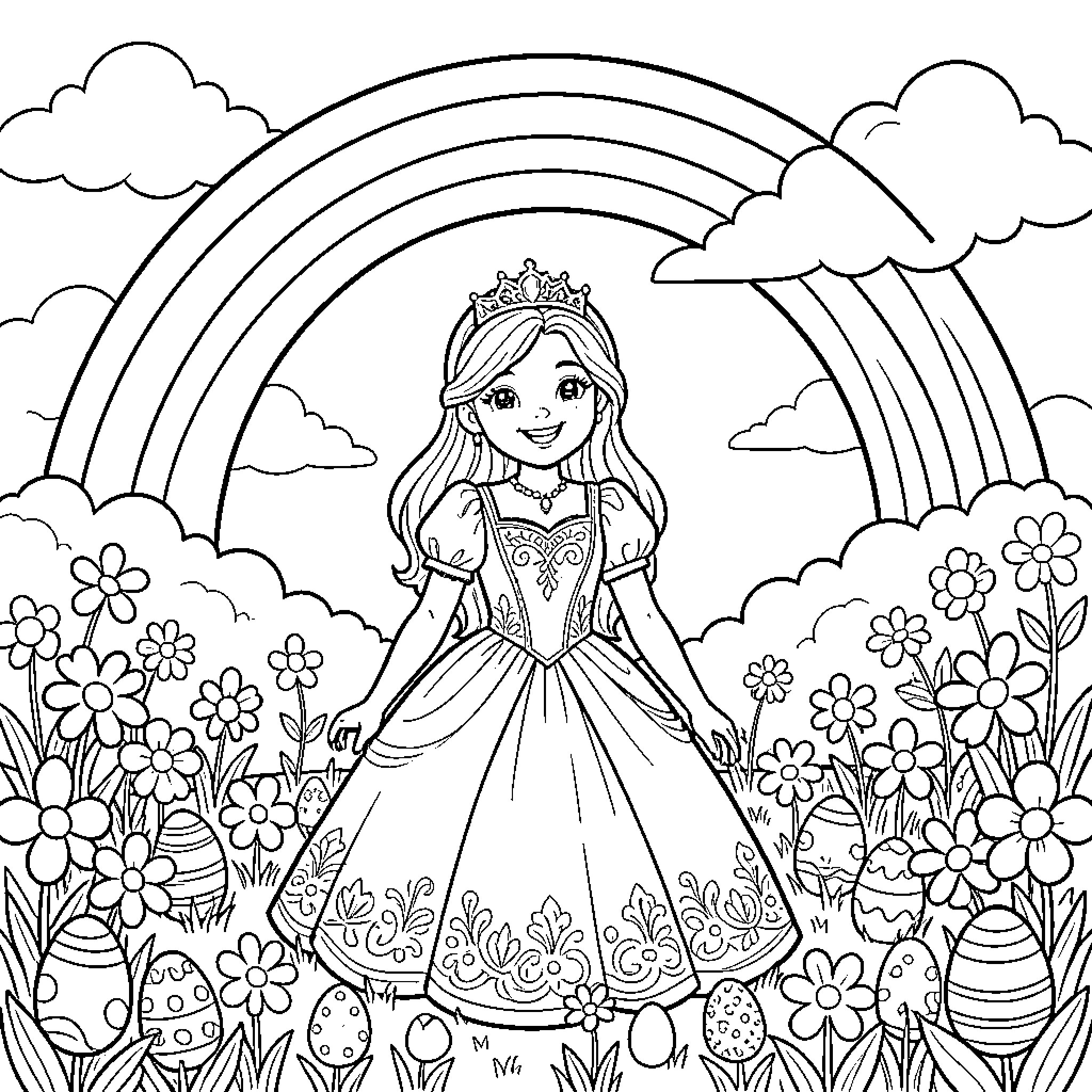 Princess in a Floral Garden with Rainbow Coloring Page (free black-and-white line drawing printable PDF for all, from beginners to advanced learners, including children, teens, adults, and seniors)