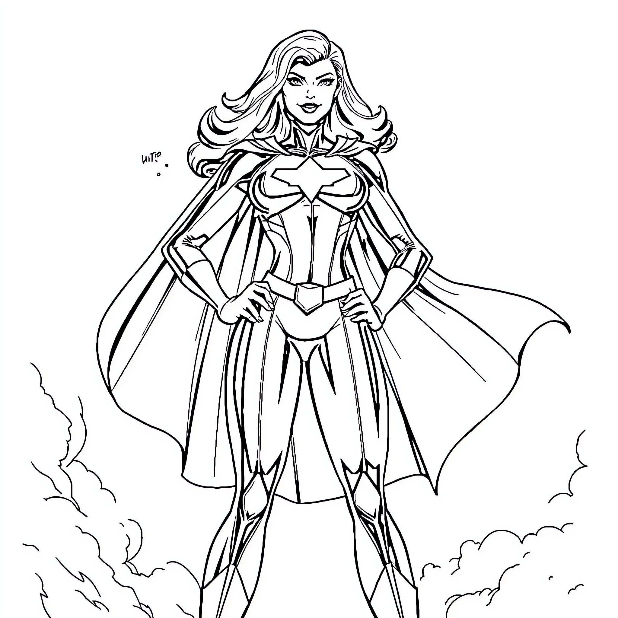 Power Girl in heroic pose with flowing cape Coloring Page (free black-and-white line drawing printable PDF for all, from beginners to advanced learners, including children, teens, adults, and seniors)