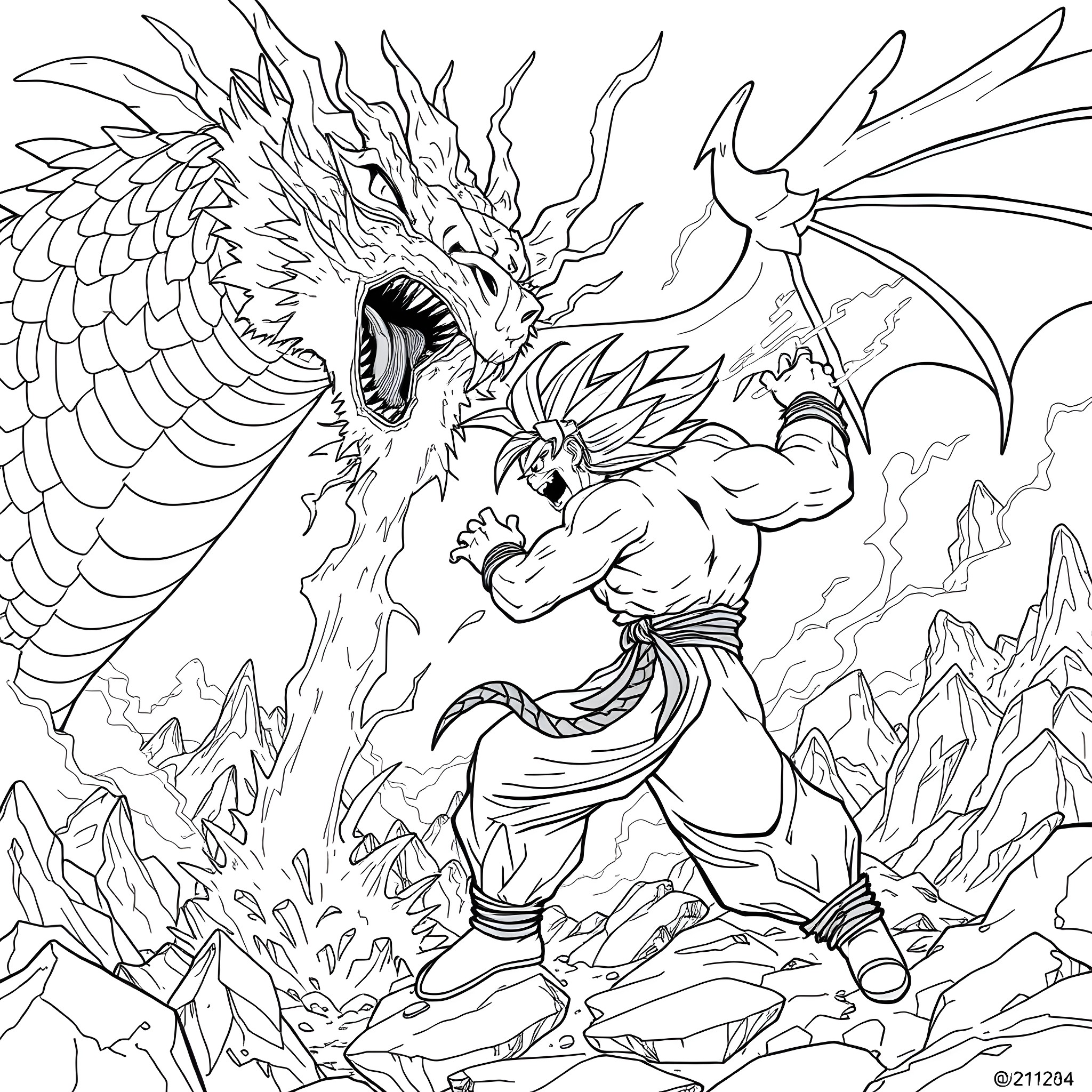 Broly's Fierce Battle with the Mighty Dragon Coloring Page (free black-and-white line drawing printable PDF for all, from beginners to advanced learners, including children, teens, adults, and seniors)