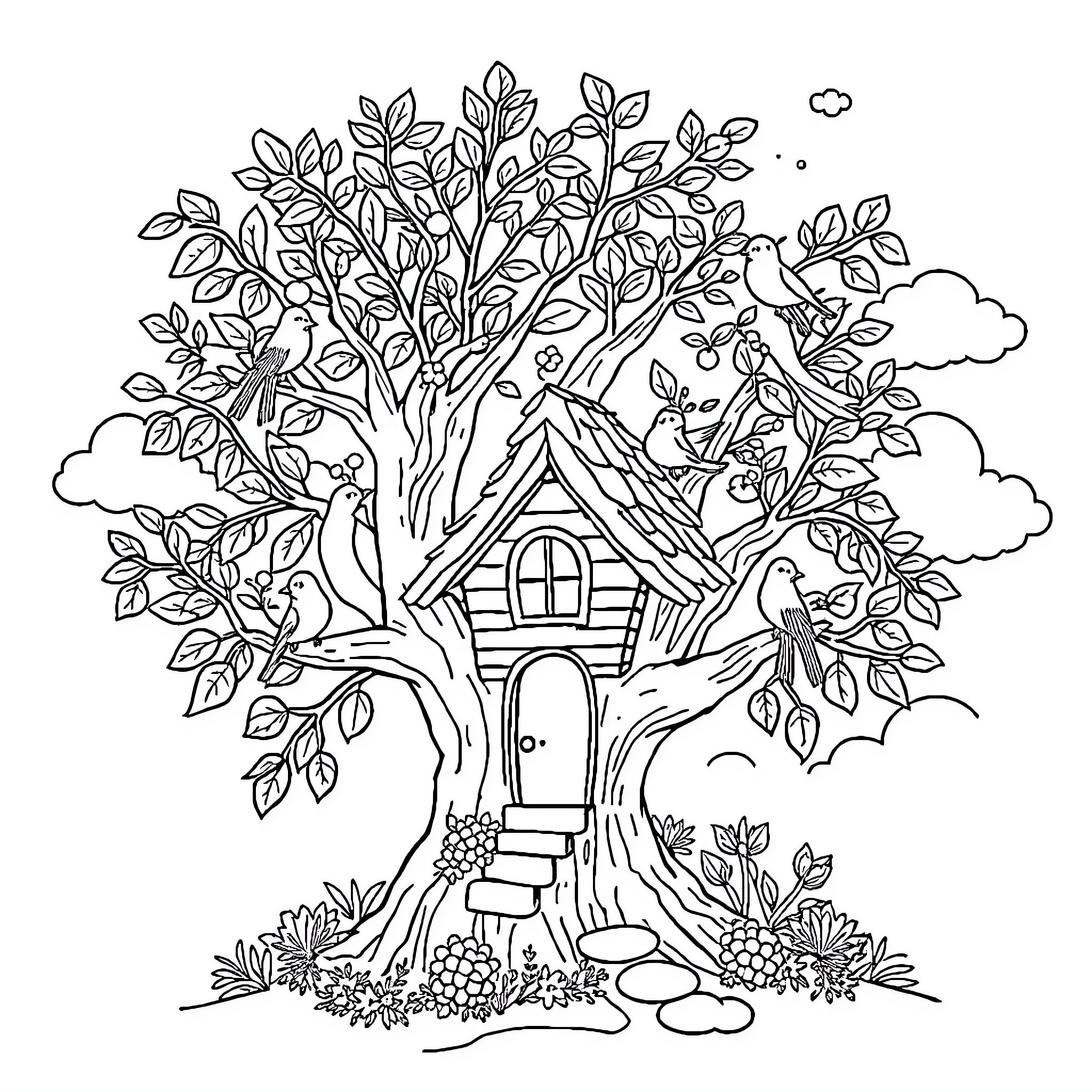 Tree House with Whimsical Forest Creatures Coloring Page (free black-and-white line drawing printable PDF for all, from beginners to advanced learners, including children, teens, adults, and seniors)