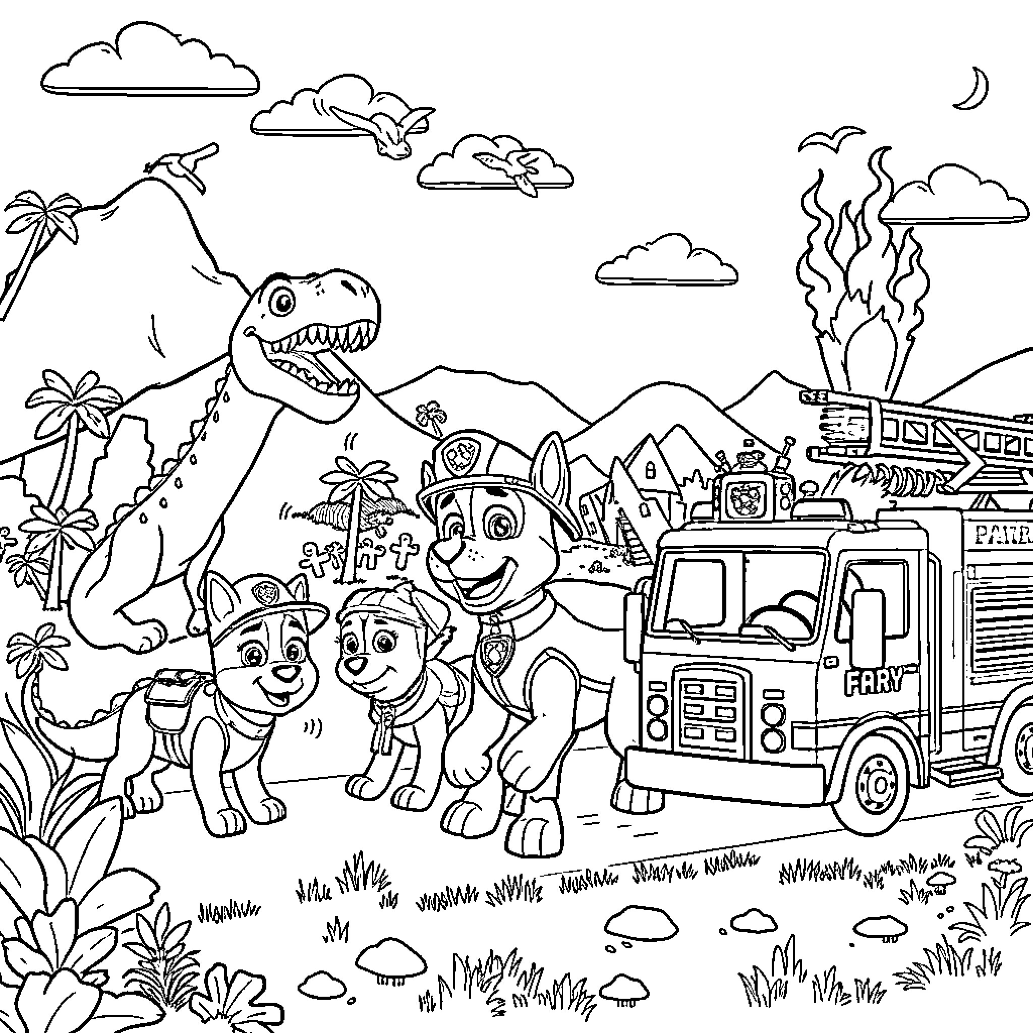 Dinosaur family adventure with fire truck and pups Coloring Page (free black-and-white line drawing printable PDF for all, from beginners to advanced learners, including children, teens, adults, and seniors)