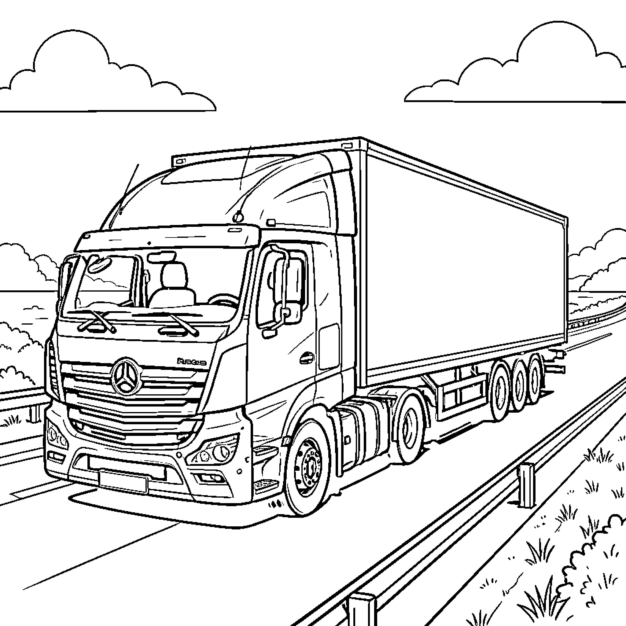 FuelCell Truck driving along a scenic highway Coloring Page (free black-and-white line drawing printable PDF for all, from beginners to advanced learners, including children, teens, adults, and seniors)