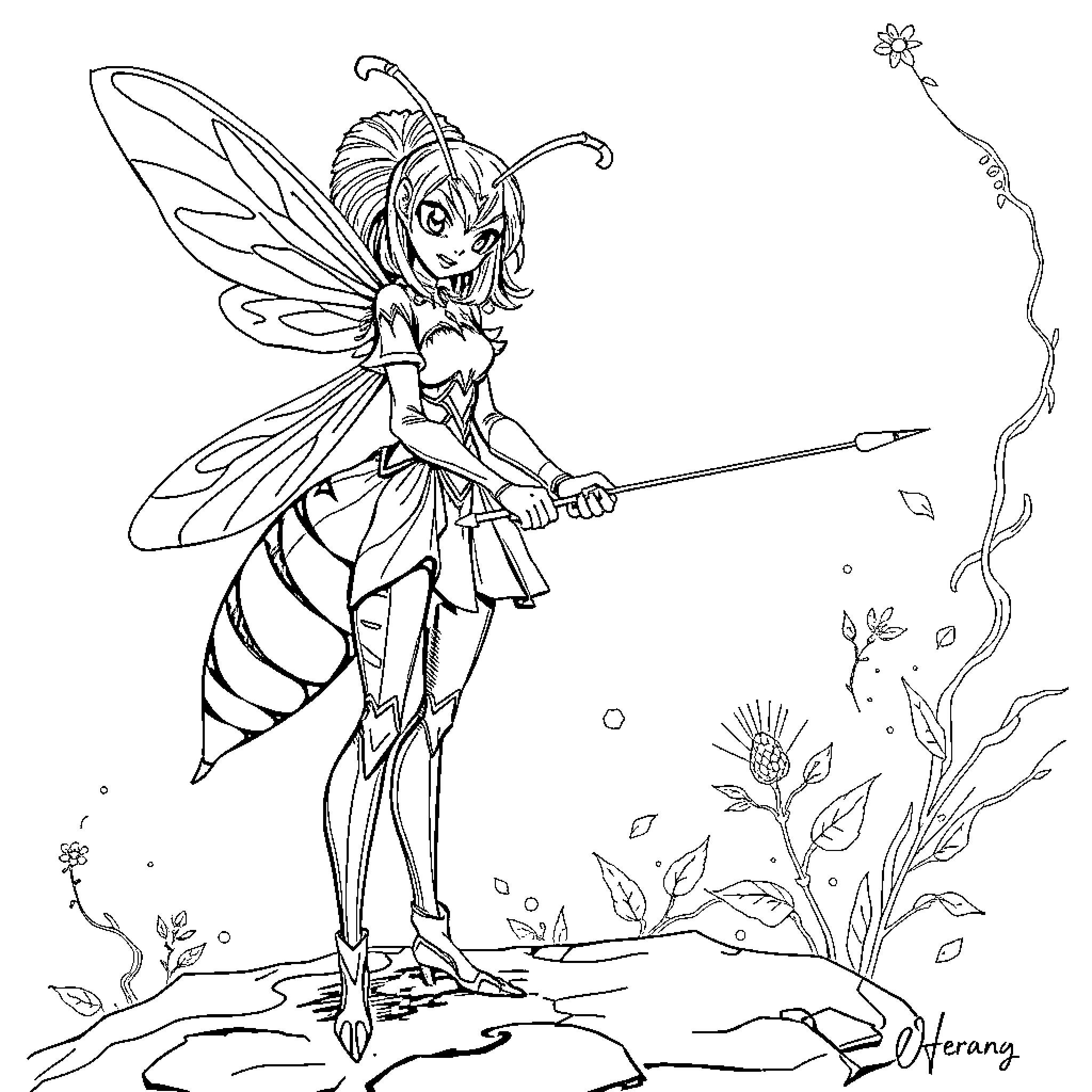 Hornet fairy wielding enchanted wand in nature Coloring Page (free black-and-white line drawing printable PDF for all, from beginners to advanced learners, including children, teens, adults, and seniors)