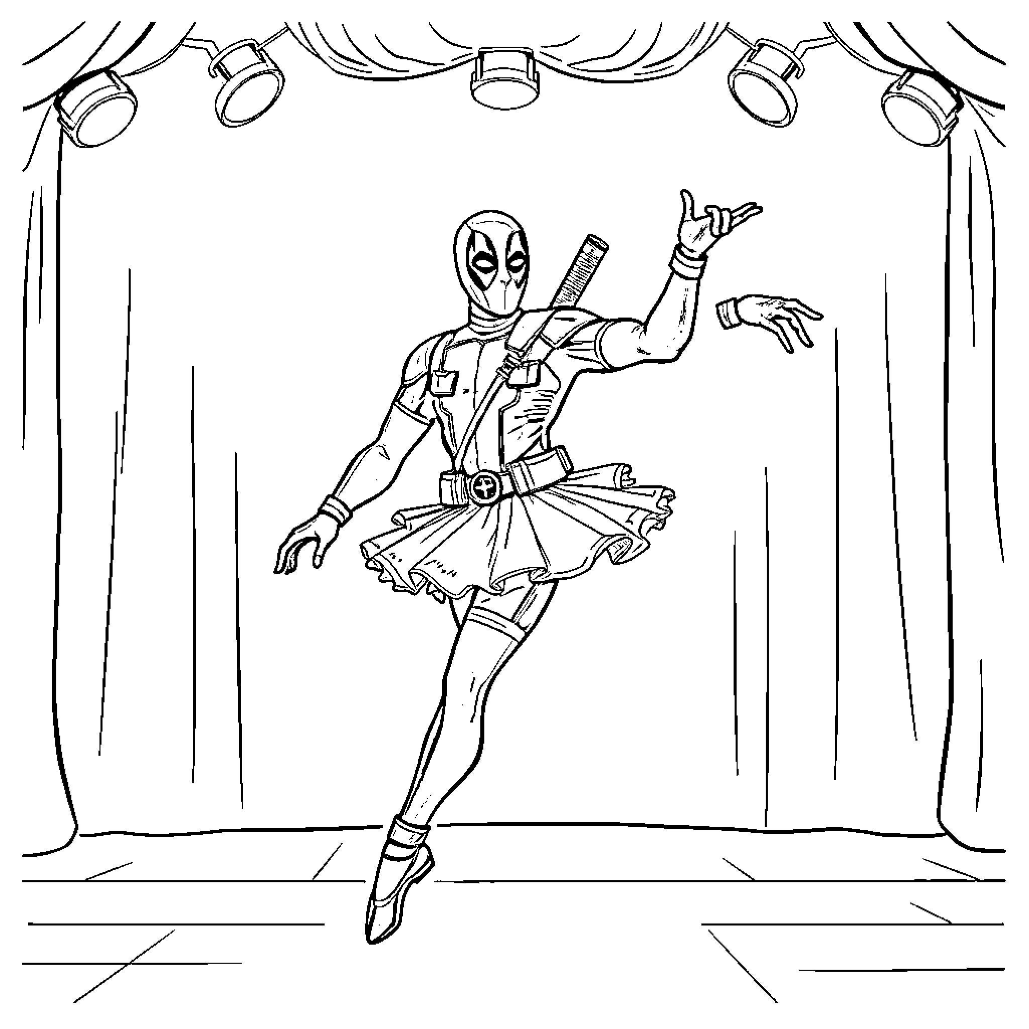 Deadpool Ballet Dancing on Stage Coloring Page (free black-and-white line drawing printable PDF for all, from beginners to advanced learners, including children, teens, adults, and seniors)