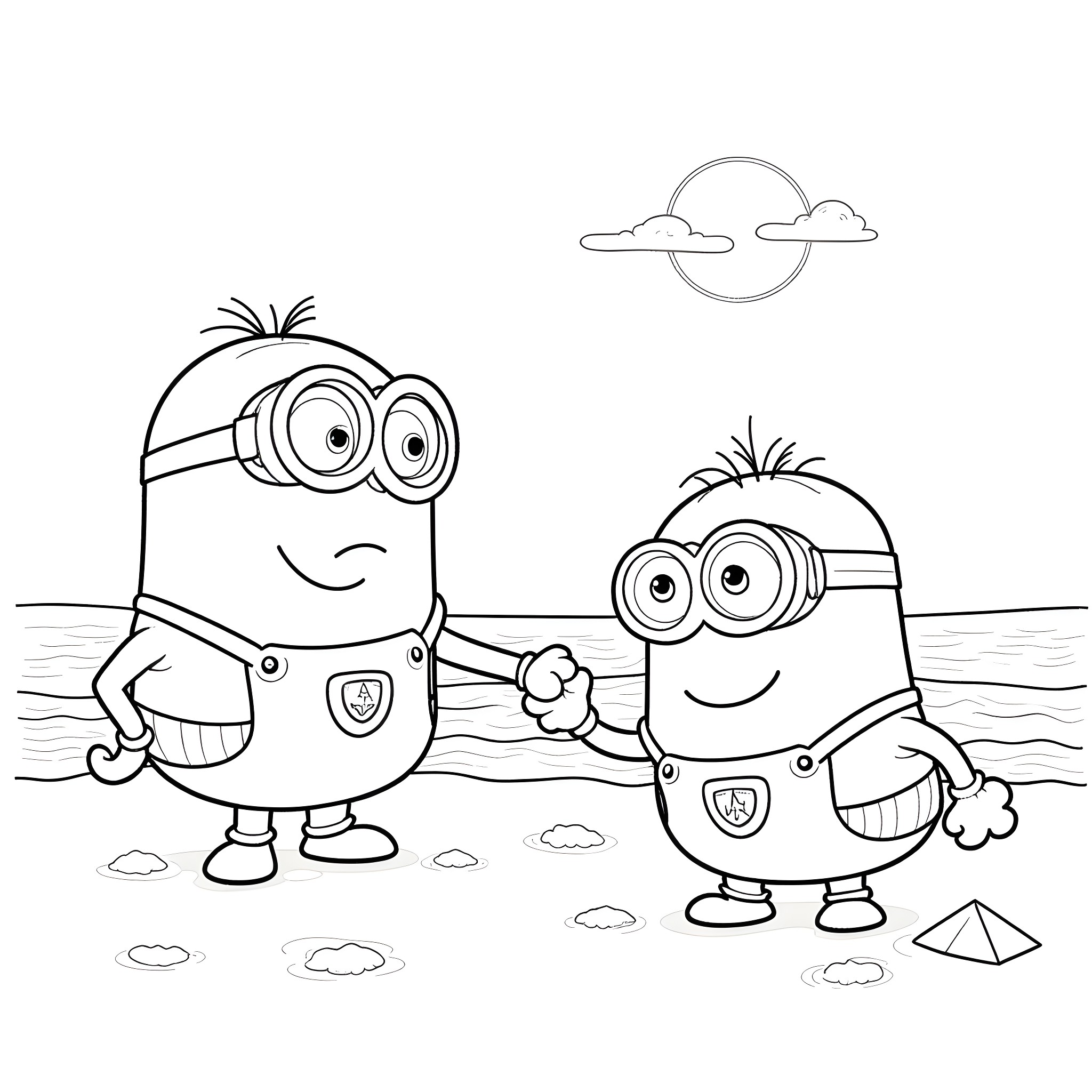 Minions playing happily on the beach Coloring Page (free black-and-white line drawing printable PDF for all, from beginners to advanced learners, including children, teens, adults, and seniors)
