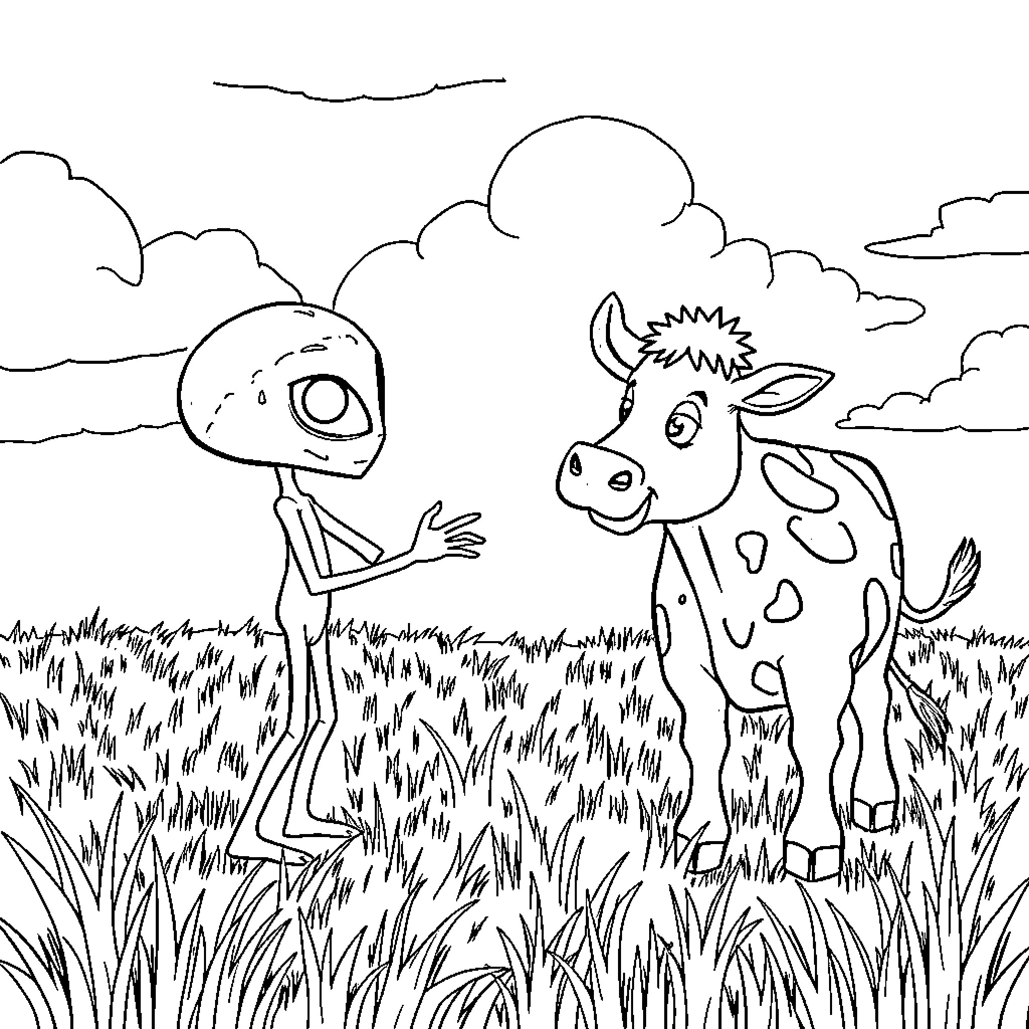 Alien creature interacting with spotted cow in field Coloring Page (free black-and-white line drawing printable PDF for all, from beginners to advanced learners, including children, teens, adults, and seniors)
