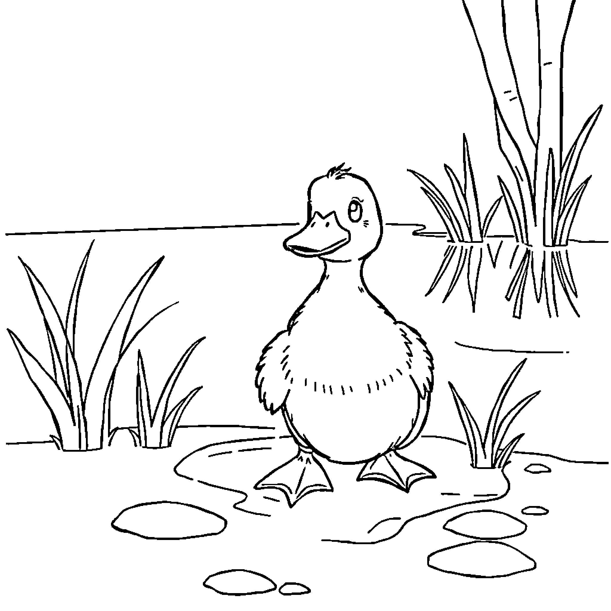 Duck waddling through the pond Coloring Page (free black-and-white line drawing printable PDF for all, from beginners to advanced learners, including children, teens, adults, and seniors)